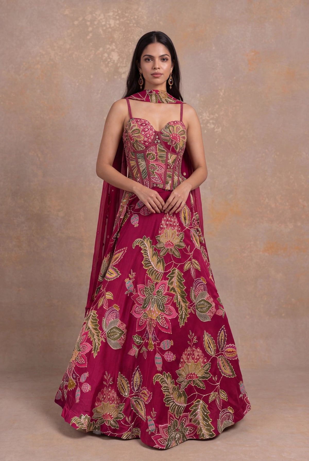 Rani Pink Organza Floral Embroidered Corset Lehenga