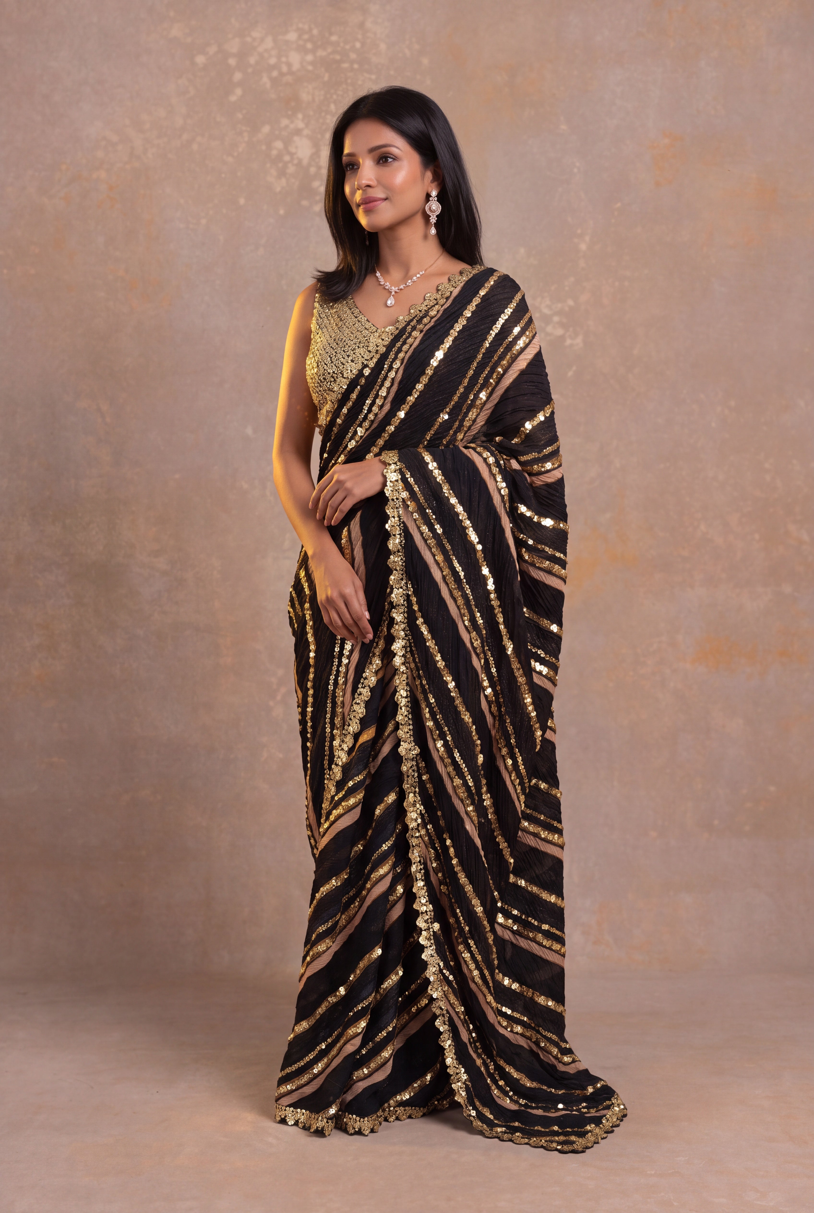 Black Crush Crepe Saree