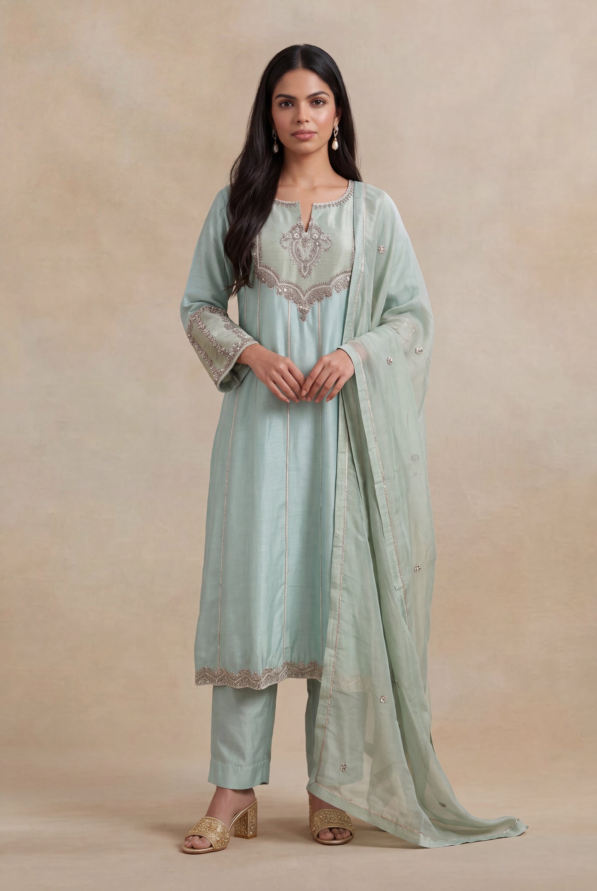 Mint Green Raw Silk A-Line Suit with Zardosi Work
