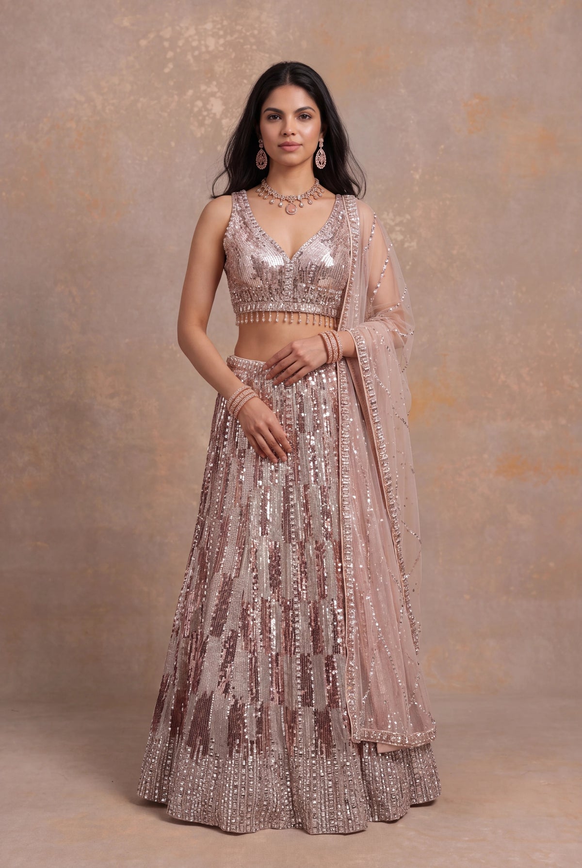 Peach Sequin & Katdana Embellished Net Lehenga