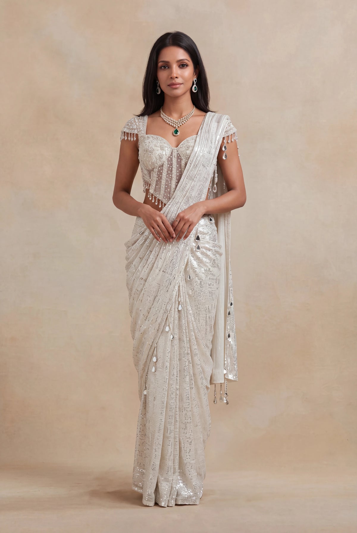 Ivory Net Drape Saree with Embellished Corset Blouse