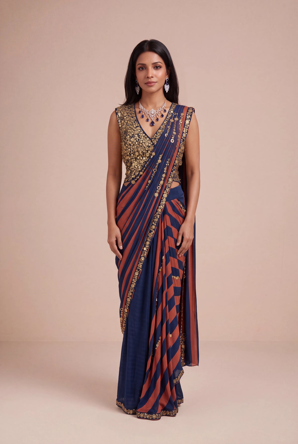 Navy Blue & Rust Satin Silk Pre-Draped Saree
