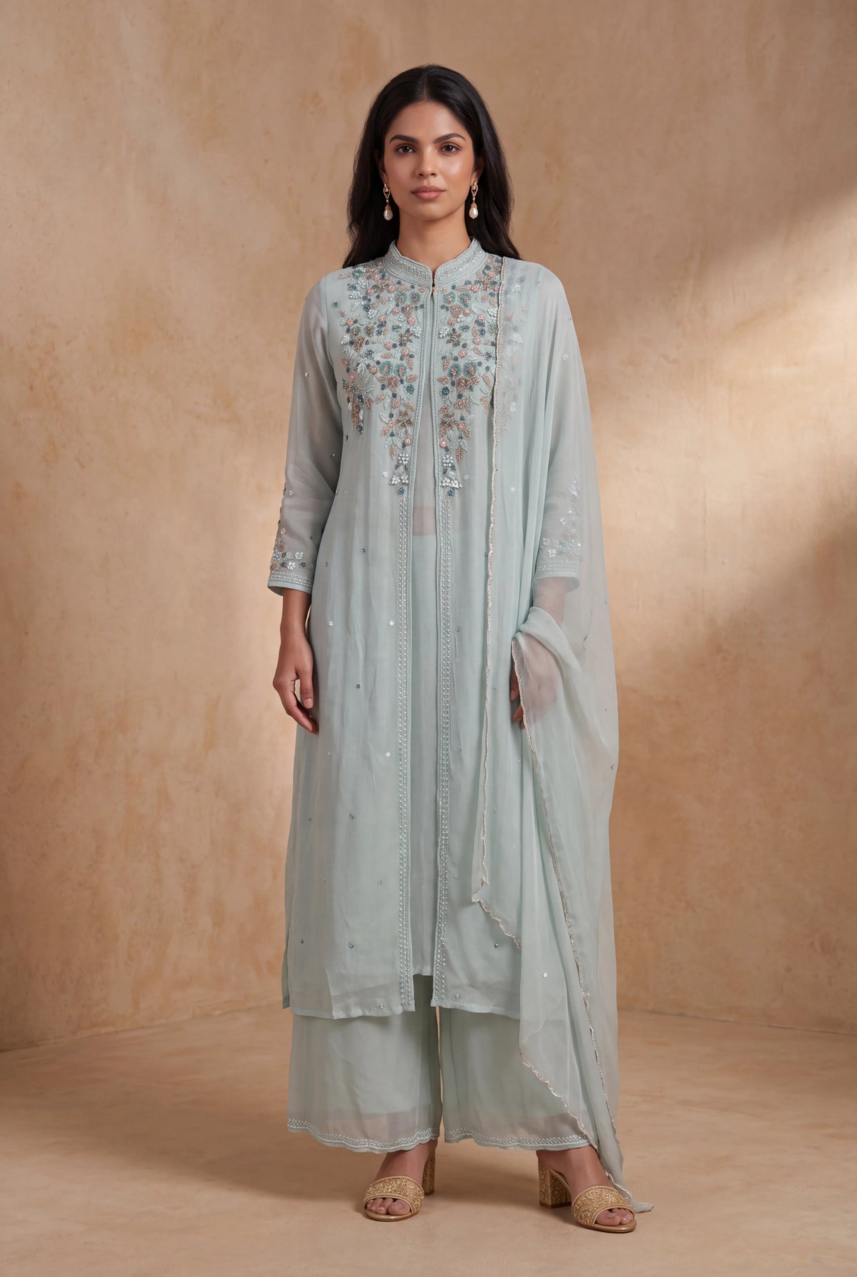 Powder Blue Crepe Indo-Western Sharara Set