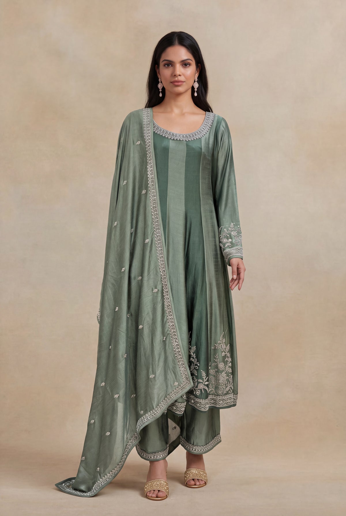 Sage Green Raw Silk Anarkali Set