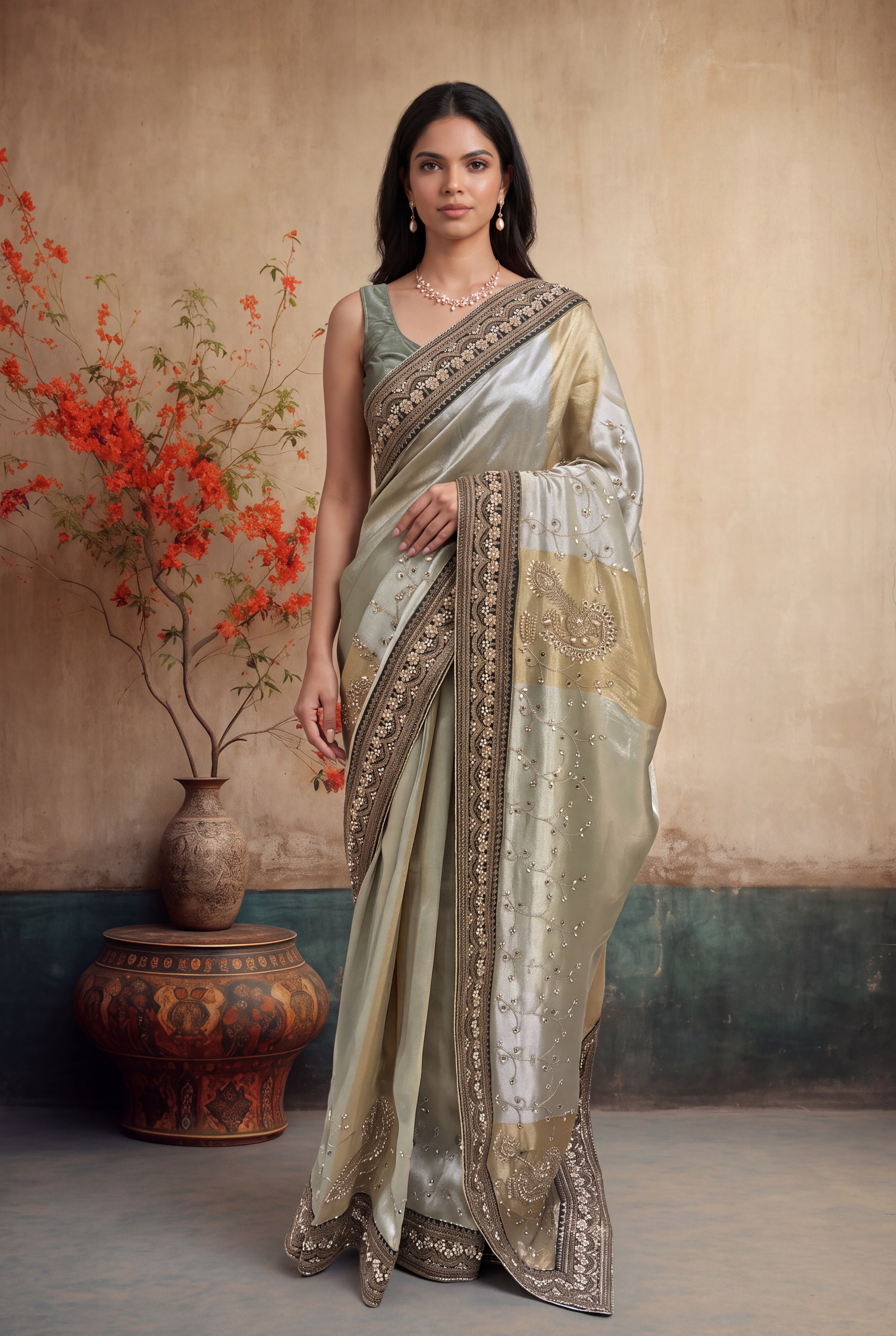 Pista Green & Gold Tissue Saree with Antique Border