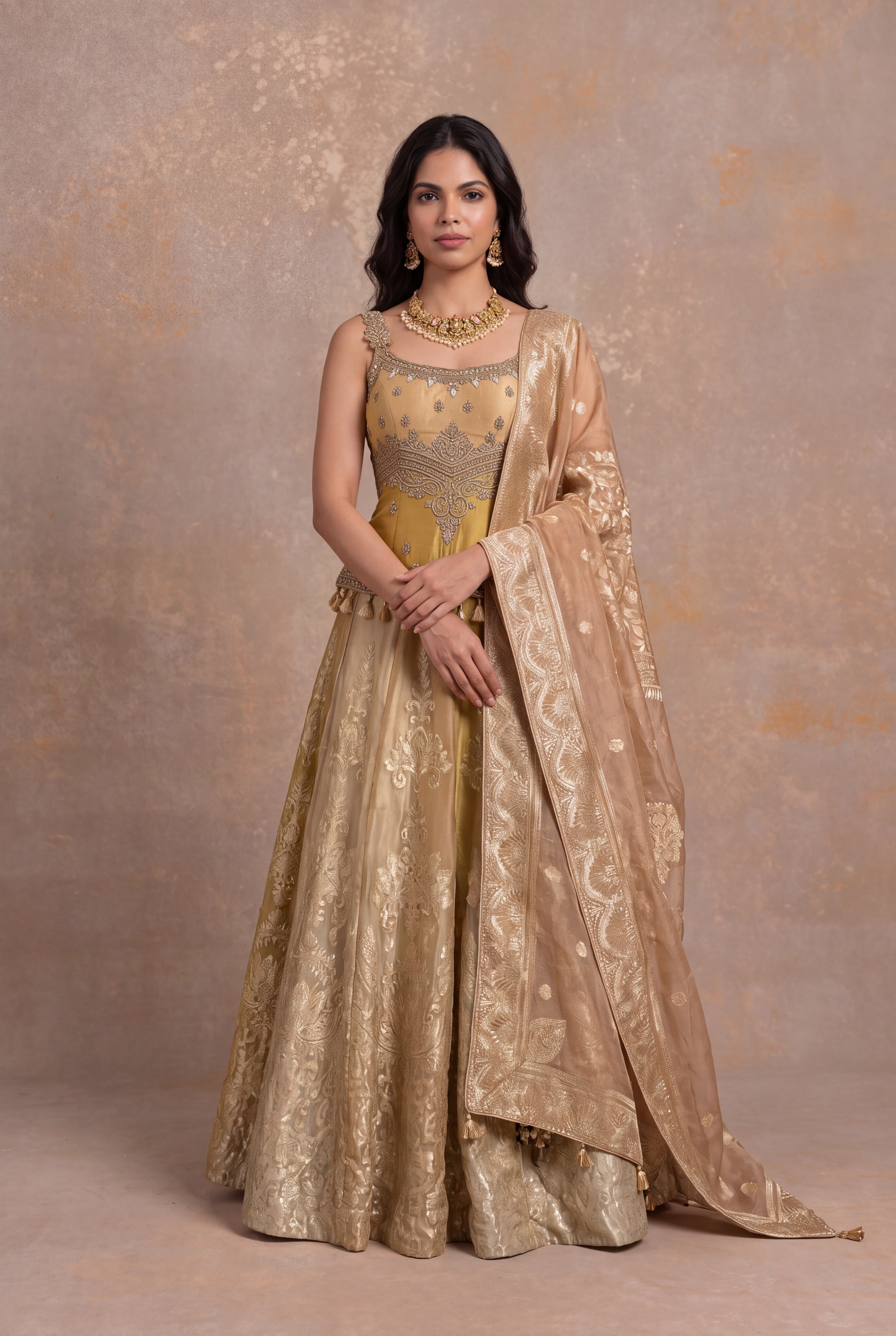 Gold Banarasi Tissue Lehenga with Zardosi & Pearl Work