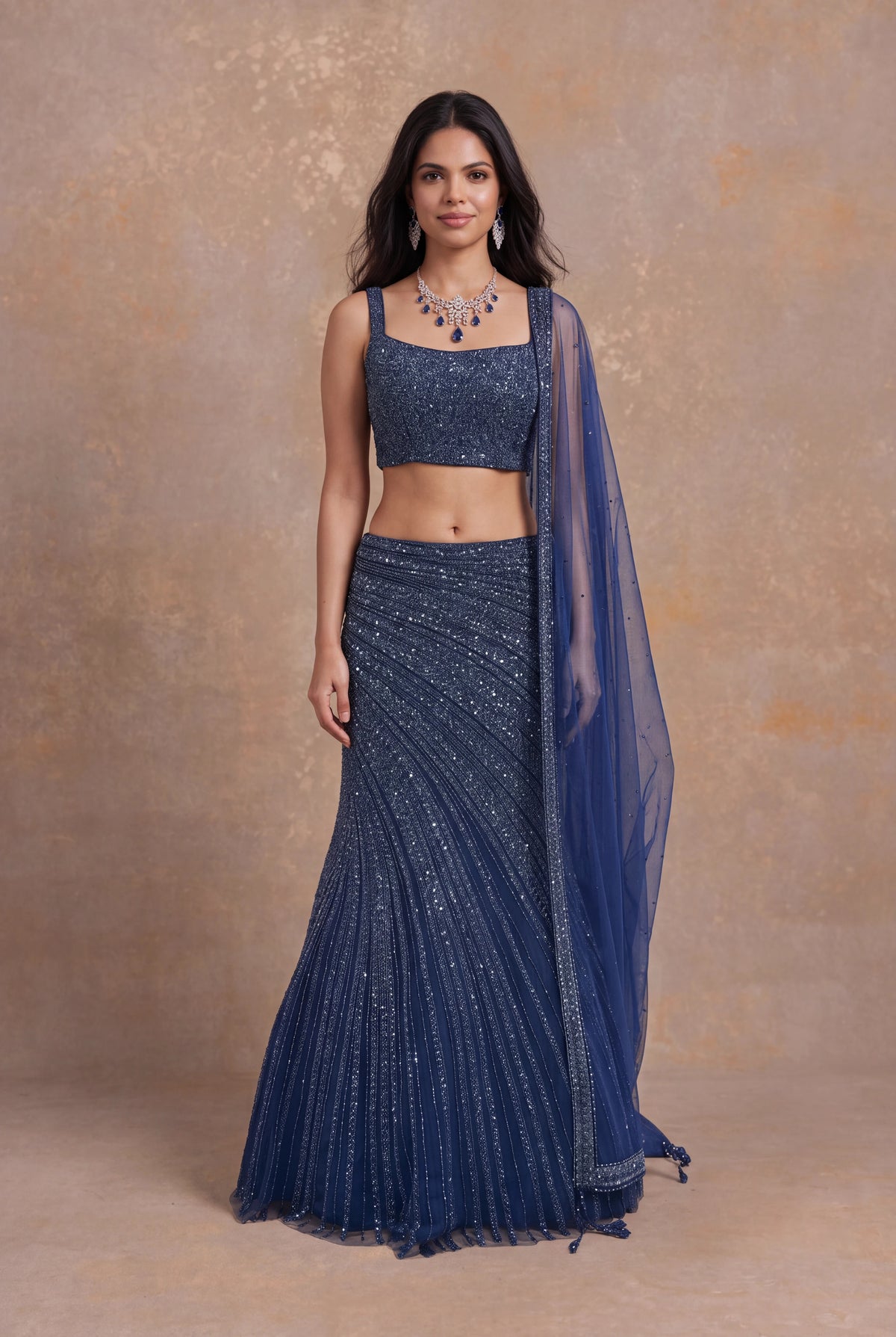 Navy Blue Fish Cut Net Lehenga