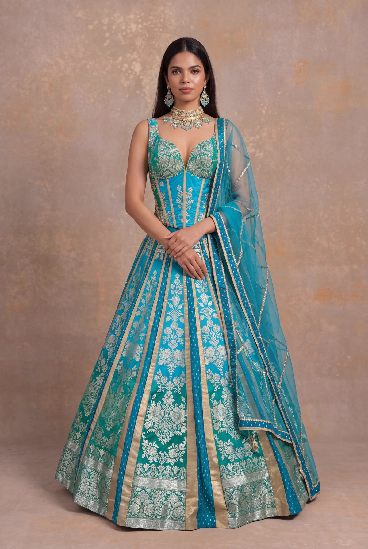 Turquoise Teal Ombre Banarasi Silk Lehenga Set