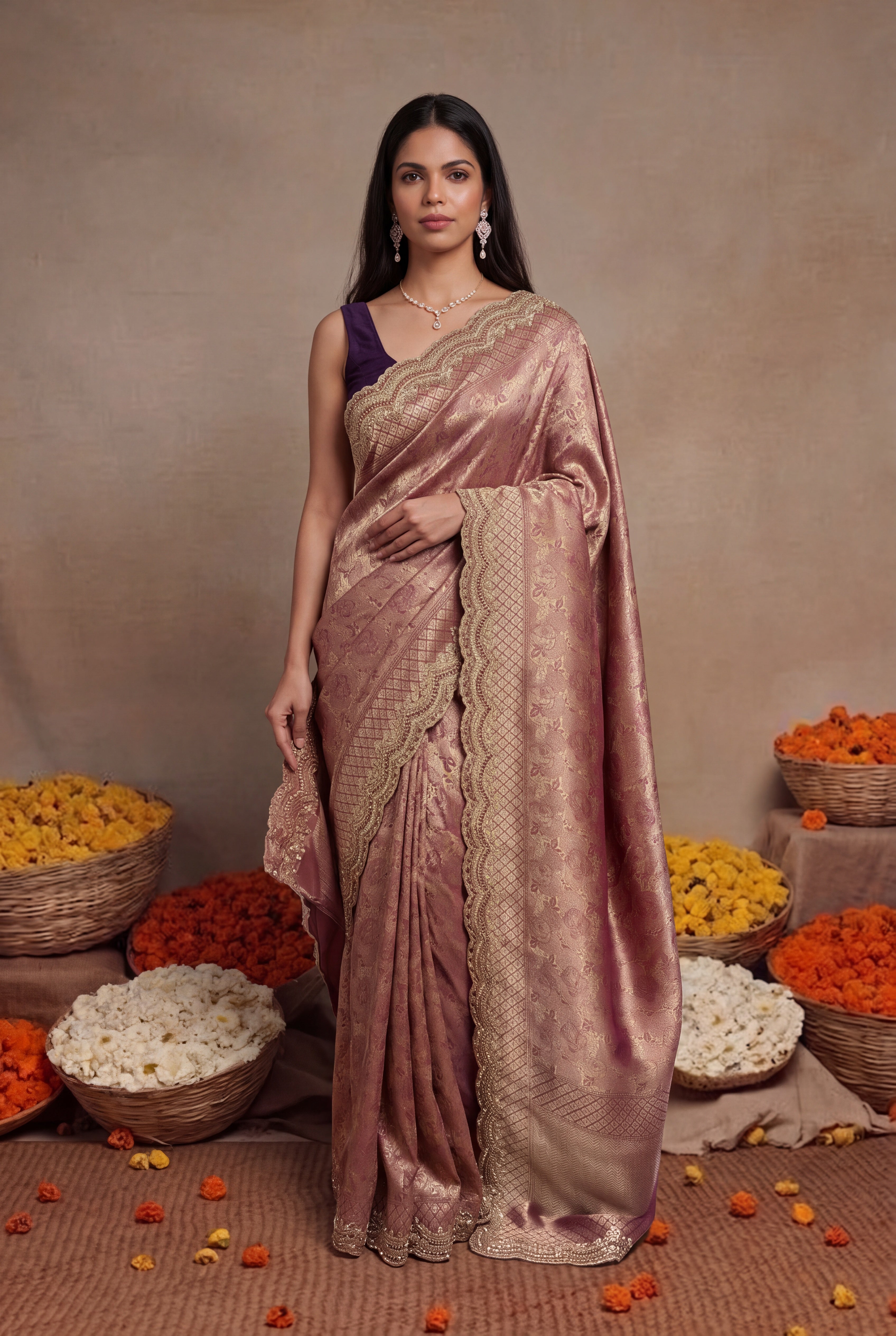 Wine Banarasi Silk Zardozi Saree