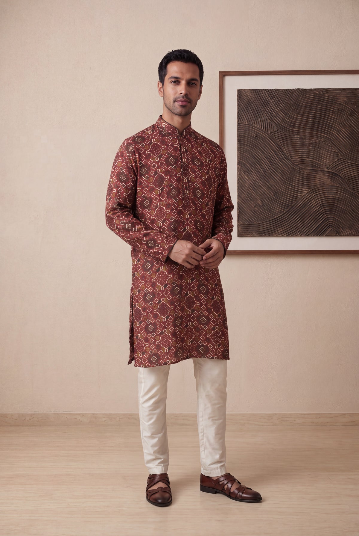 Maroon Chanderi Silk Bandhani Kurta Pant Set