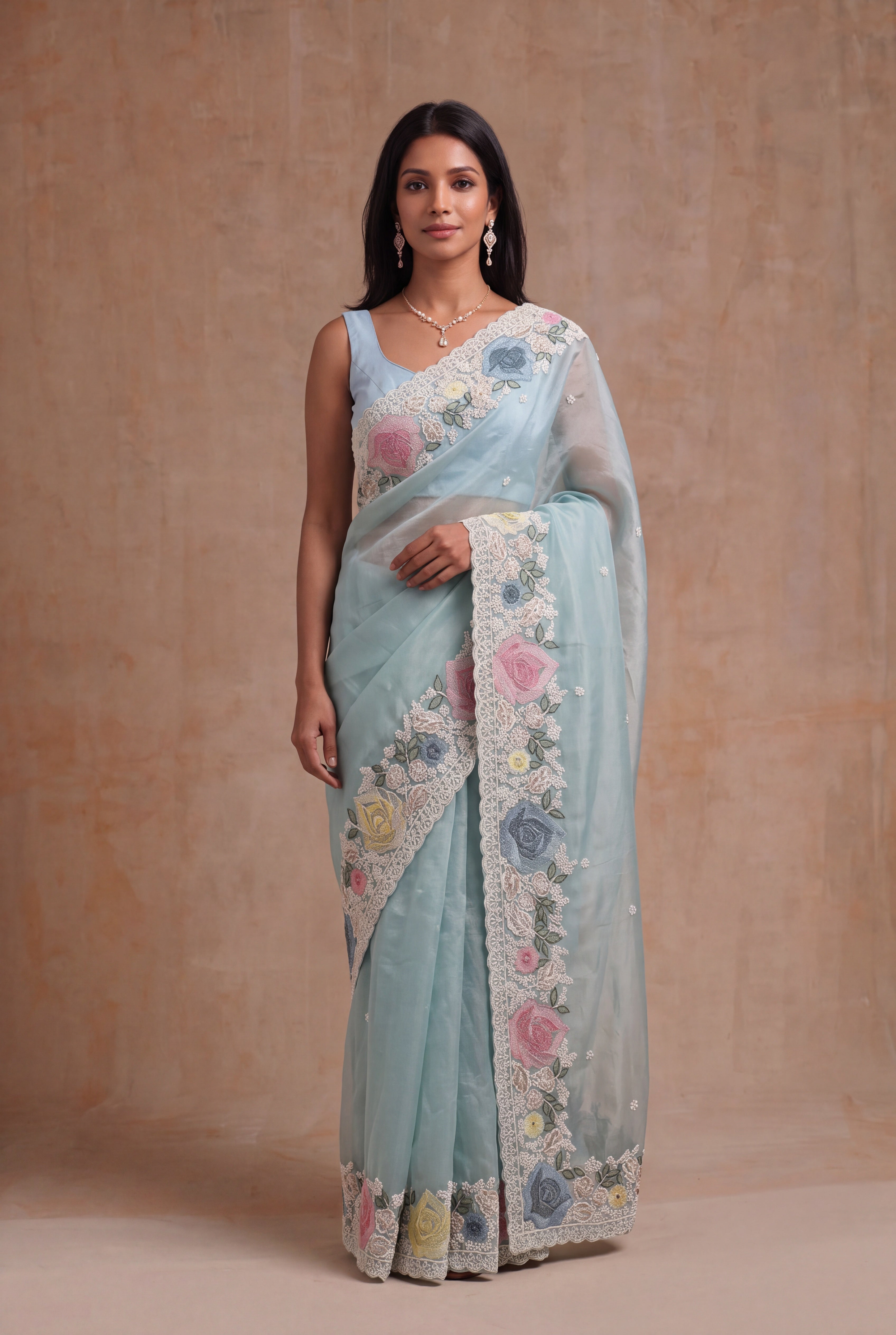 Ice Blue Tissue Organza Saree with Floral Embroidery