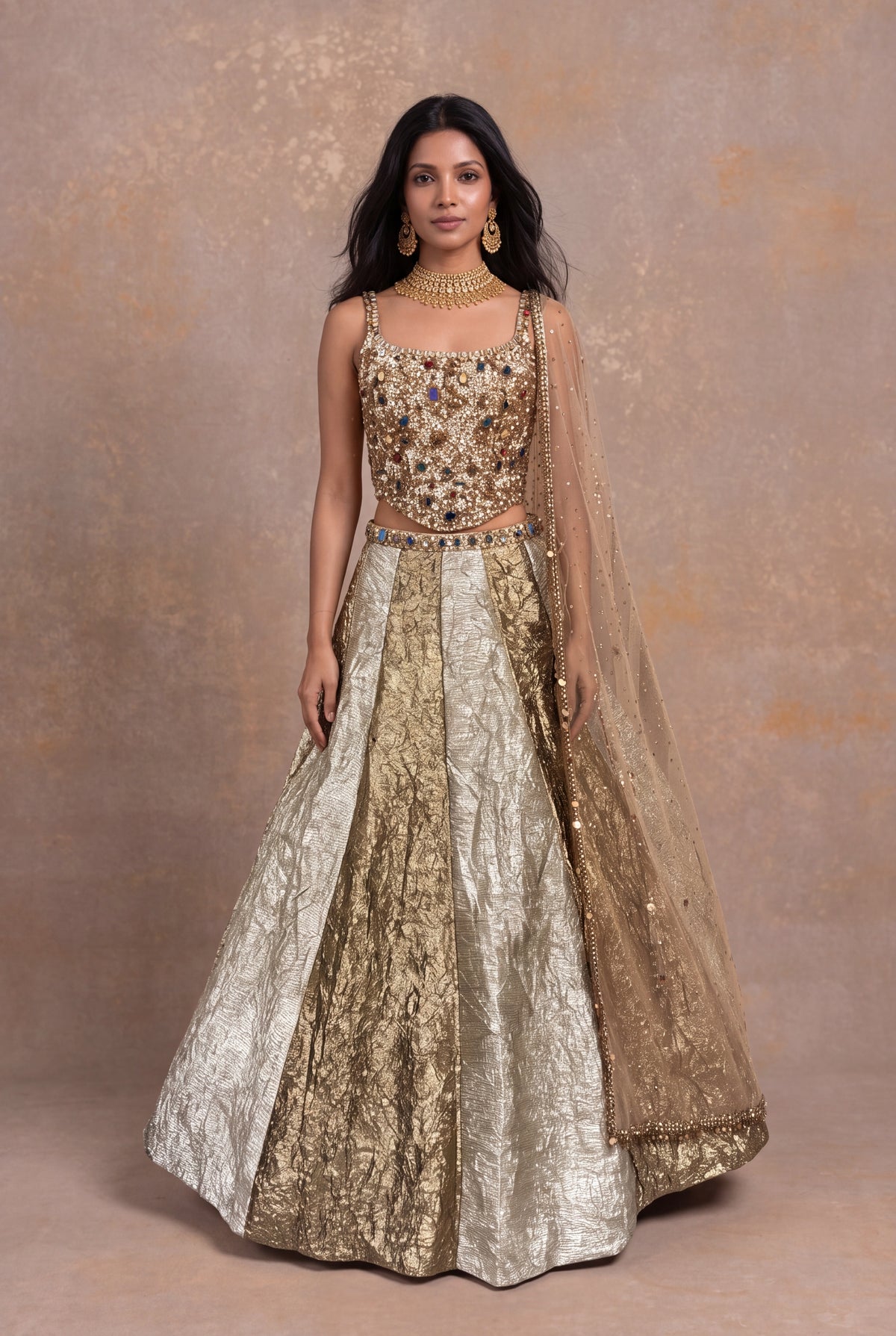 Golden Crush Tissue Jewel Work Lehenga