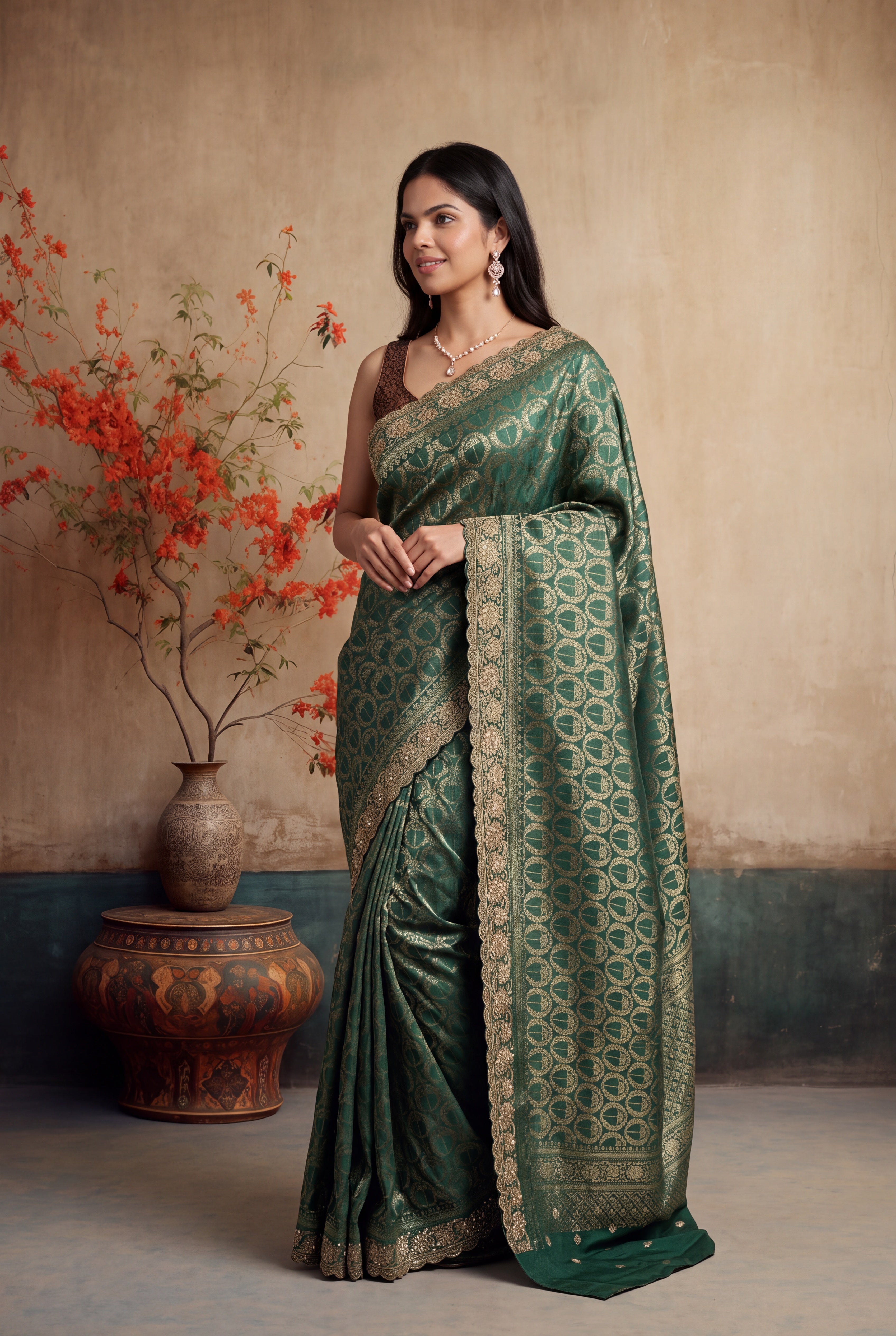 Dark Green Banarasi Saree with Zari & Zardozi Border