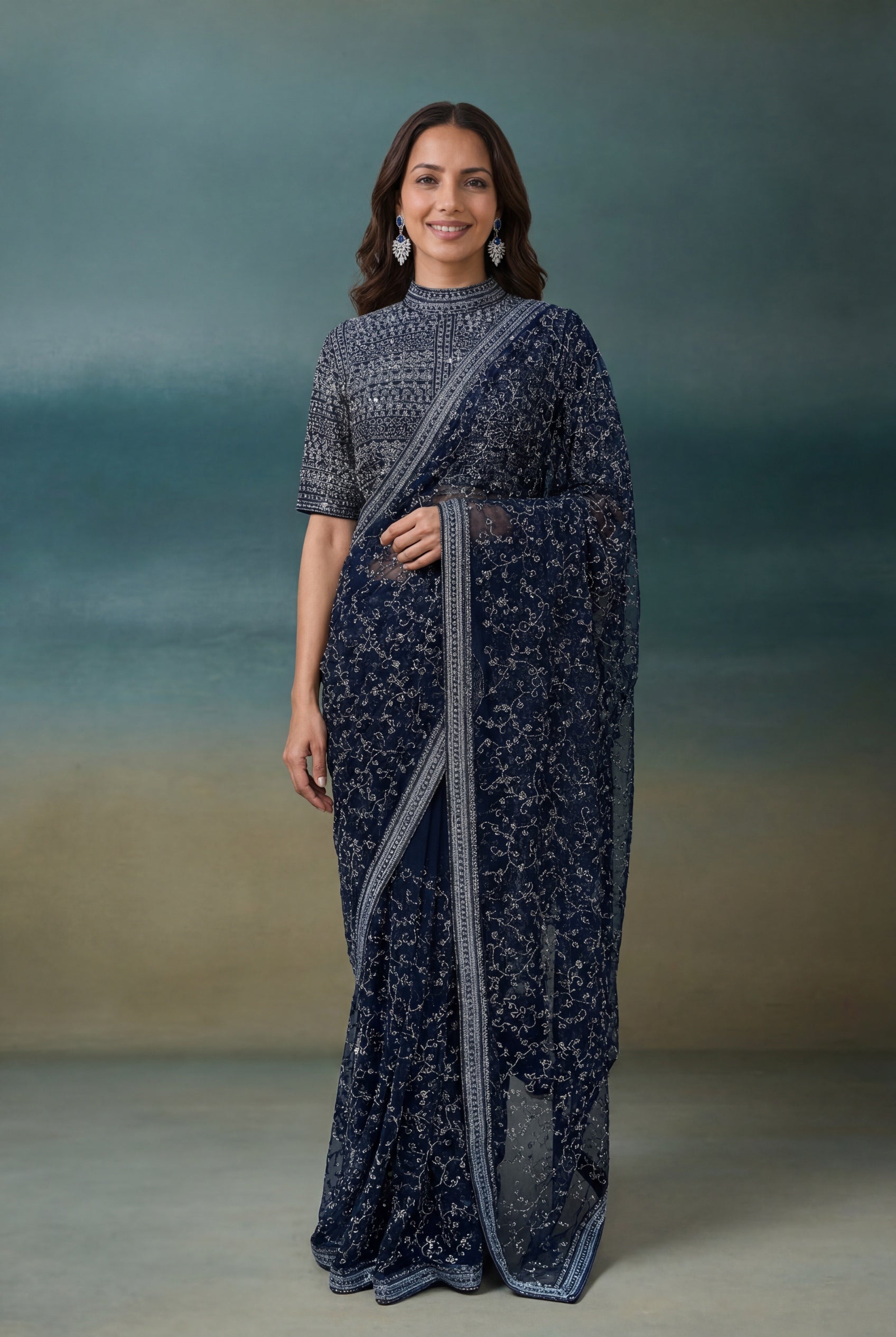 Navy Blue Net Saree