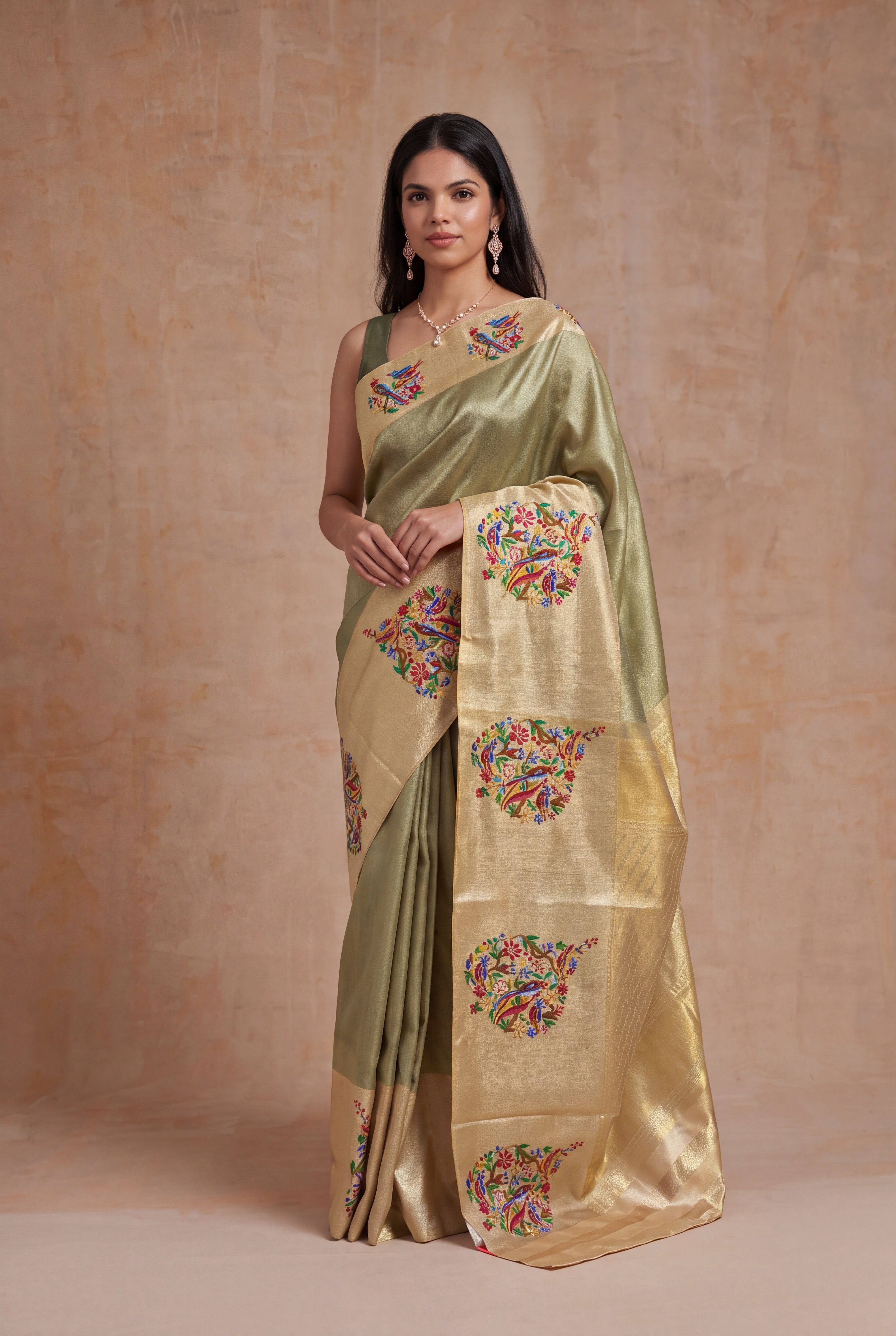 Pista Tissue Kanchivaram Silk Saree with Multicolour Motifs
