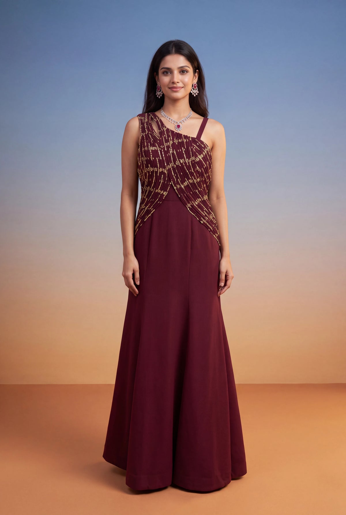 Wine Silk Banarasi Weave Western Gown