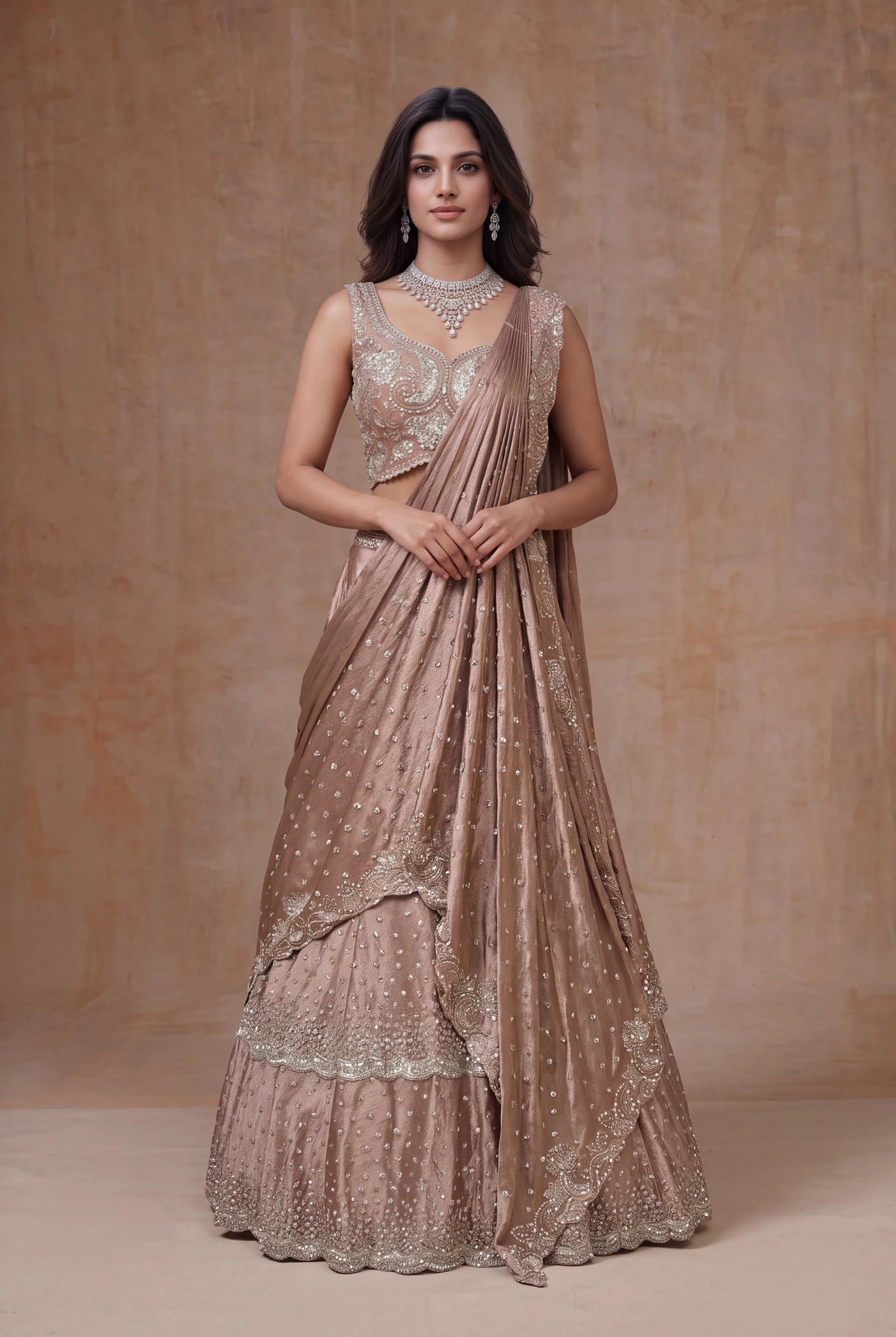 Rose Taupe Satin Silk Draped Lehenga with Sequin Work