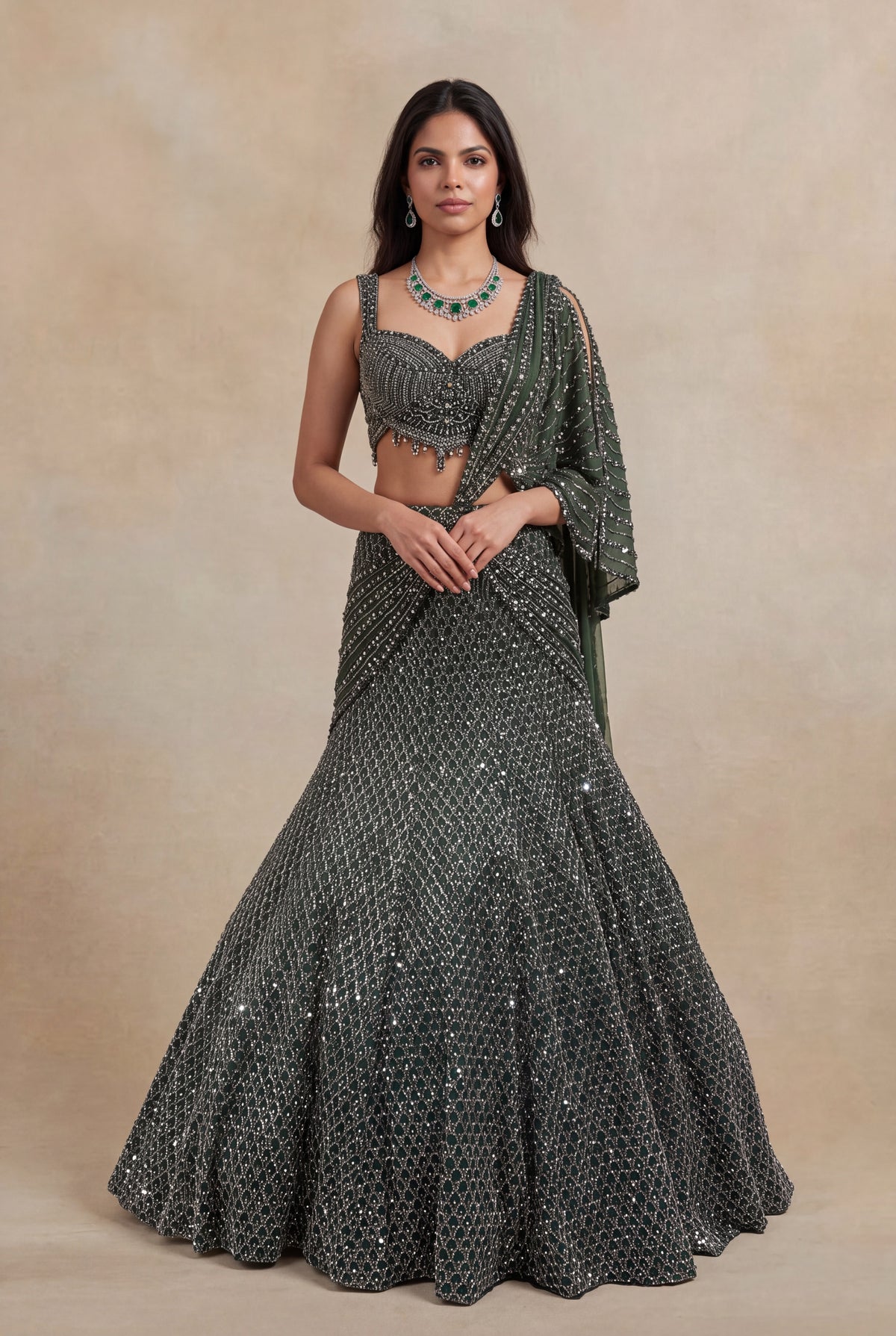 Mehandi Green Net Lehenga