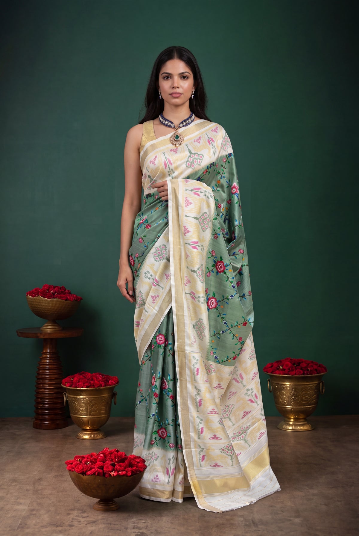 Sage Green Twill Silk Patola Saree
