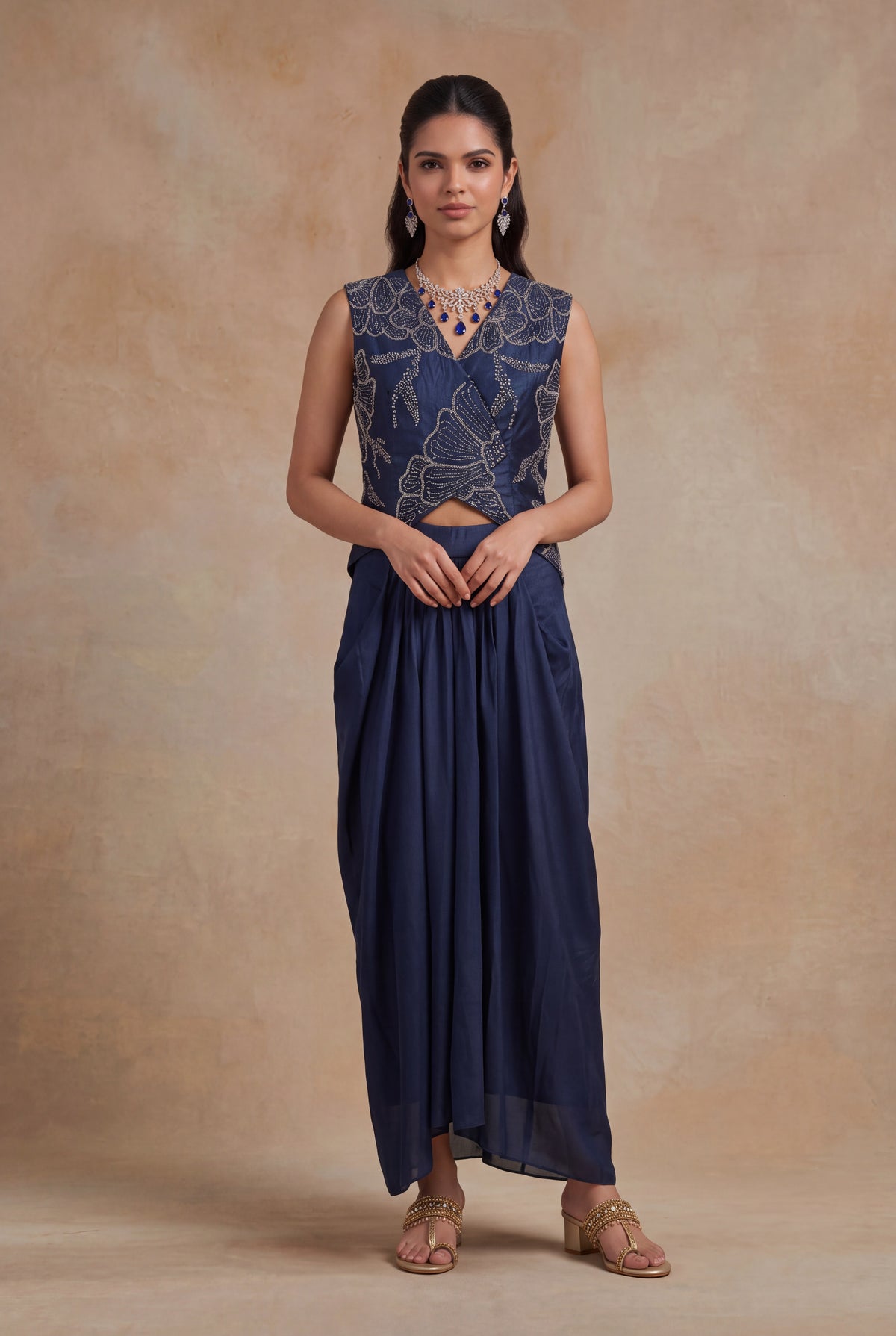 Navy Blue Indo-Western Crop Top & Drape Skirt