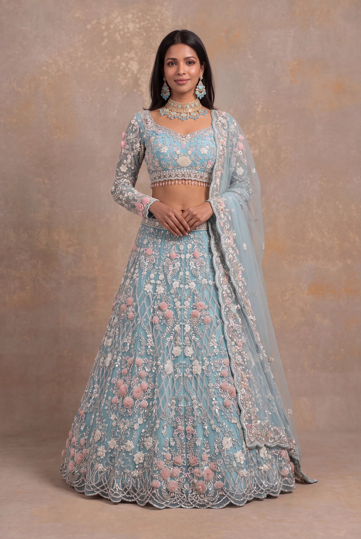Sea Blue Net Lehenga Set with Sequin and Floral Applique Work