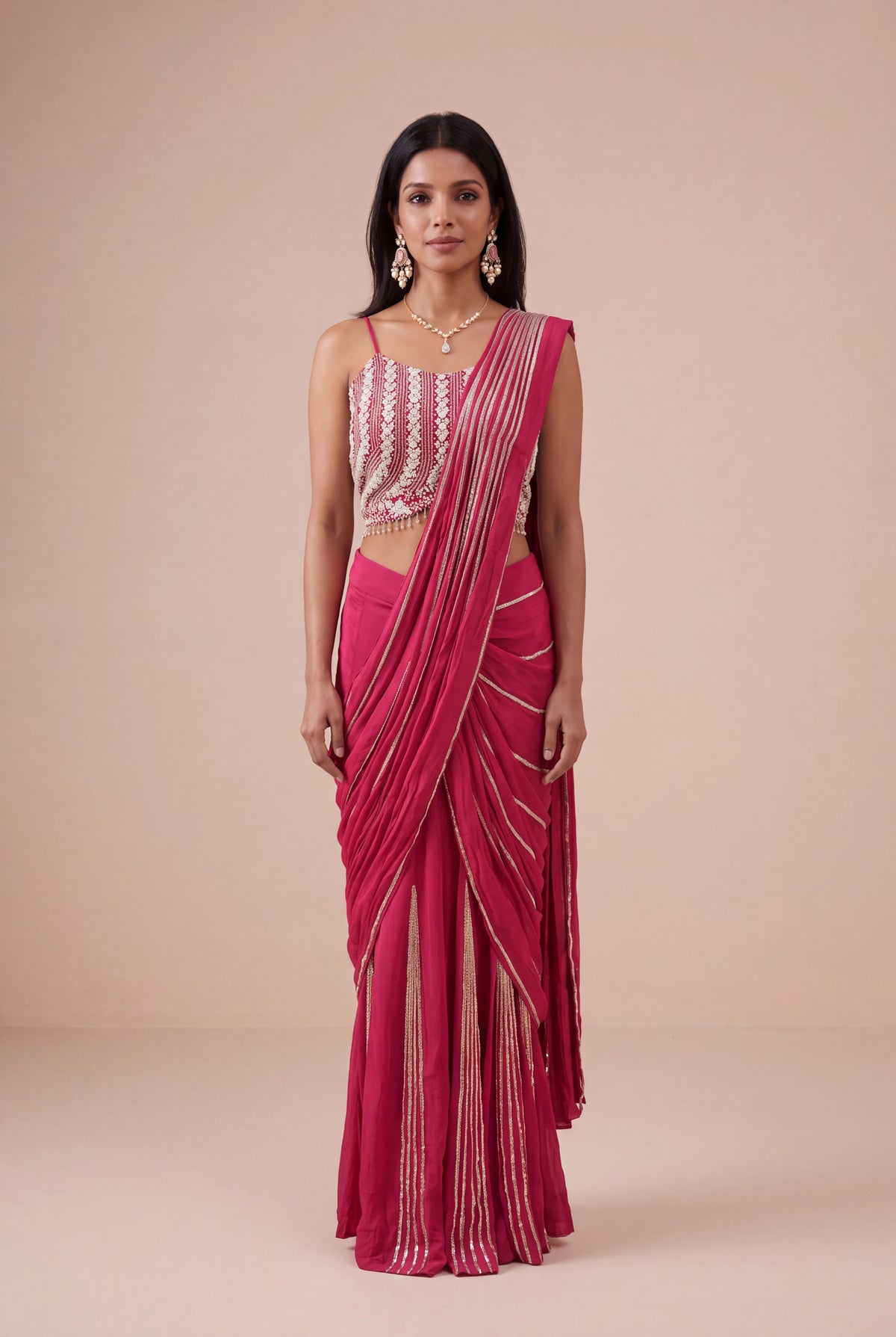 Rani Pink Chinon Crepe Draped Saree