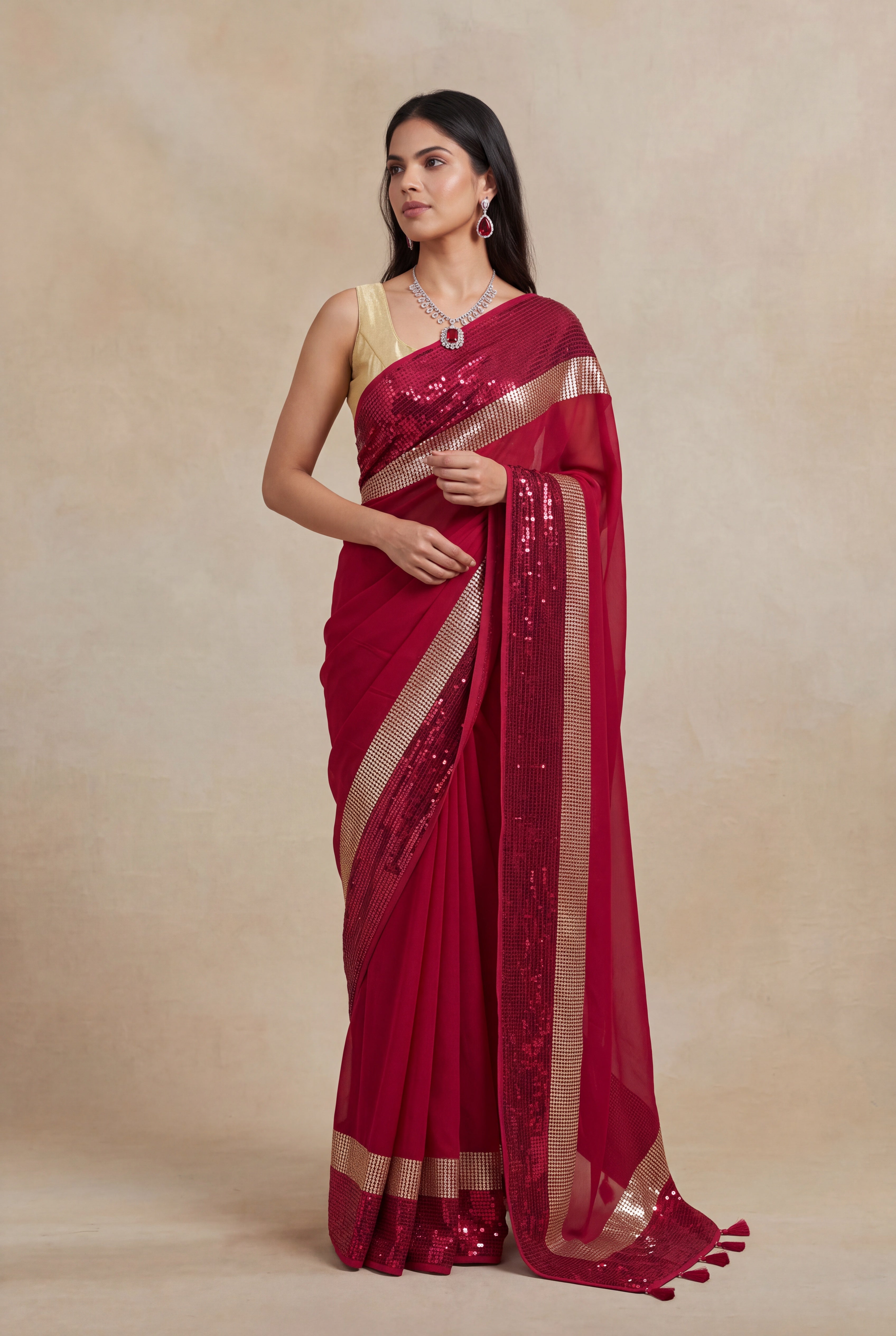 Red Georgette Saree with Sequins Border