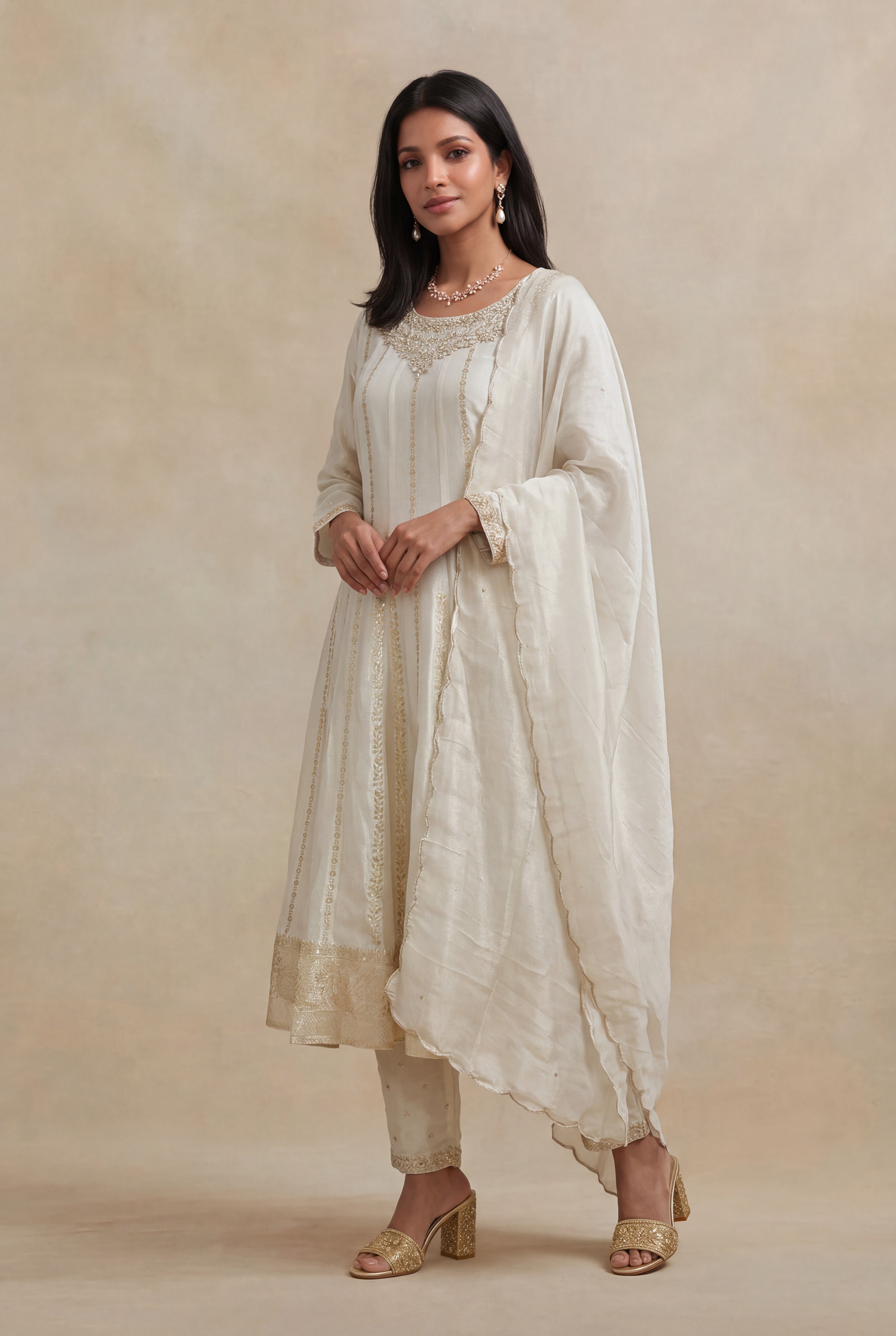 Ivory Tissue Silk Banarasi Anarkali Set