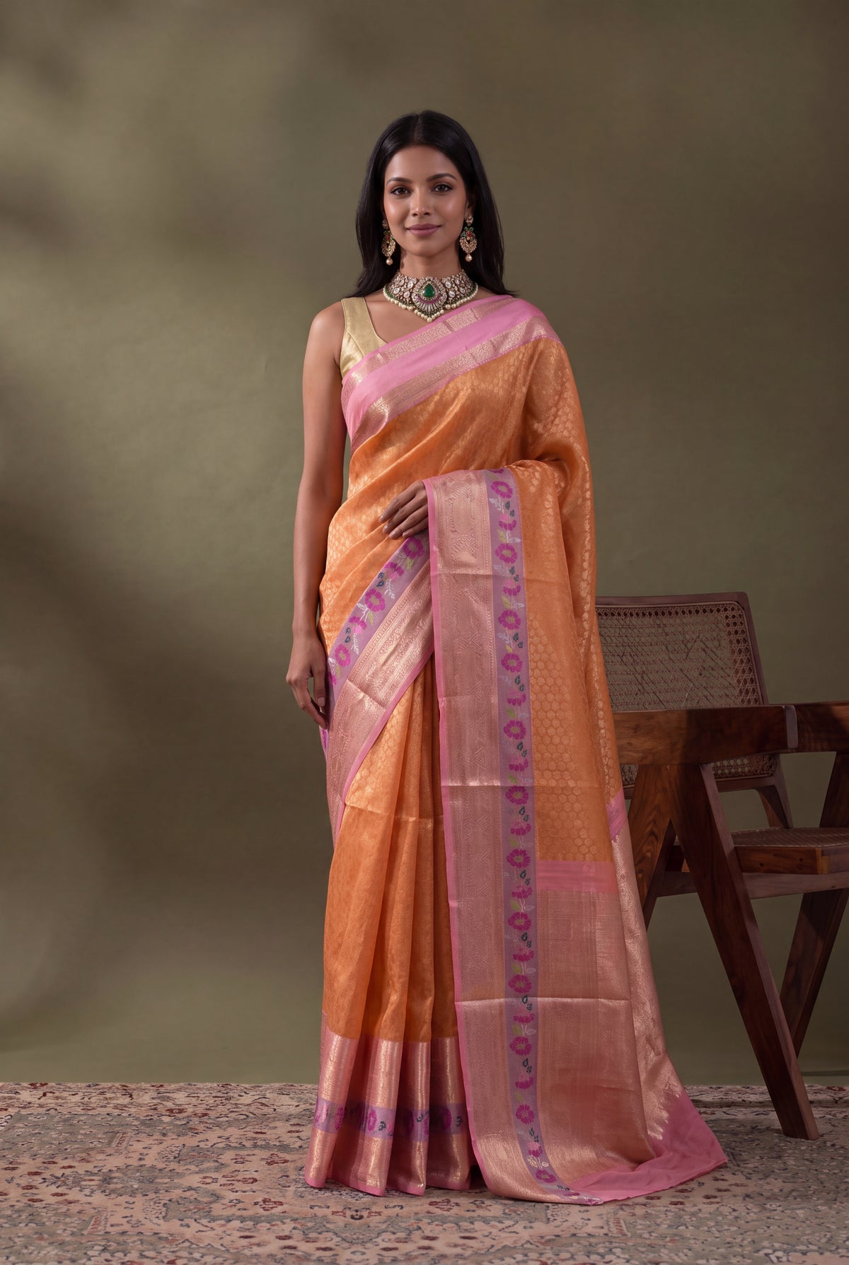 Peach Banarasi Kora Silk  Fusion Saree