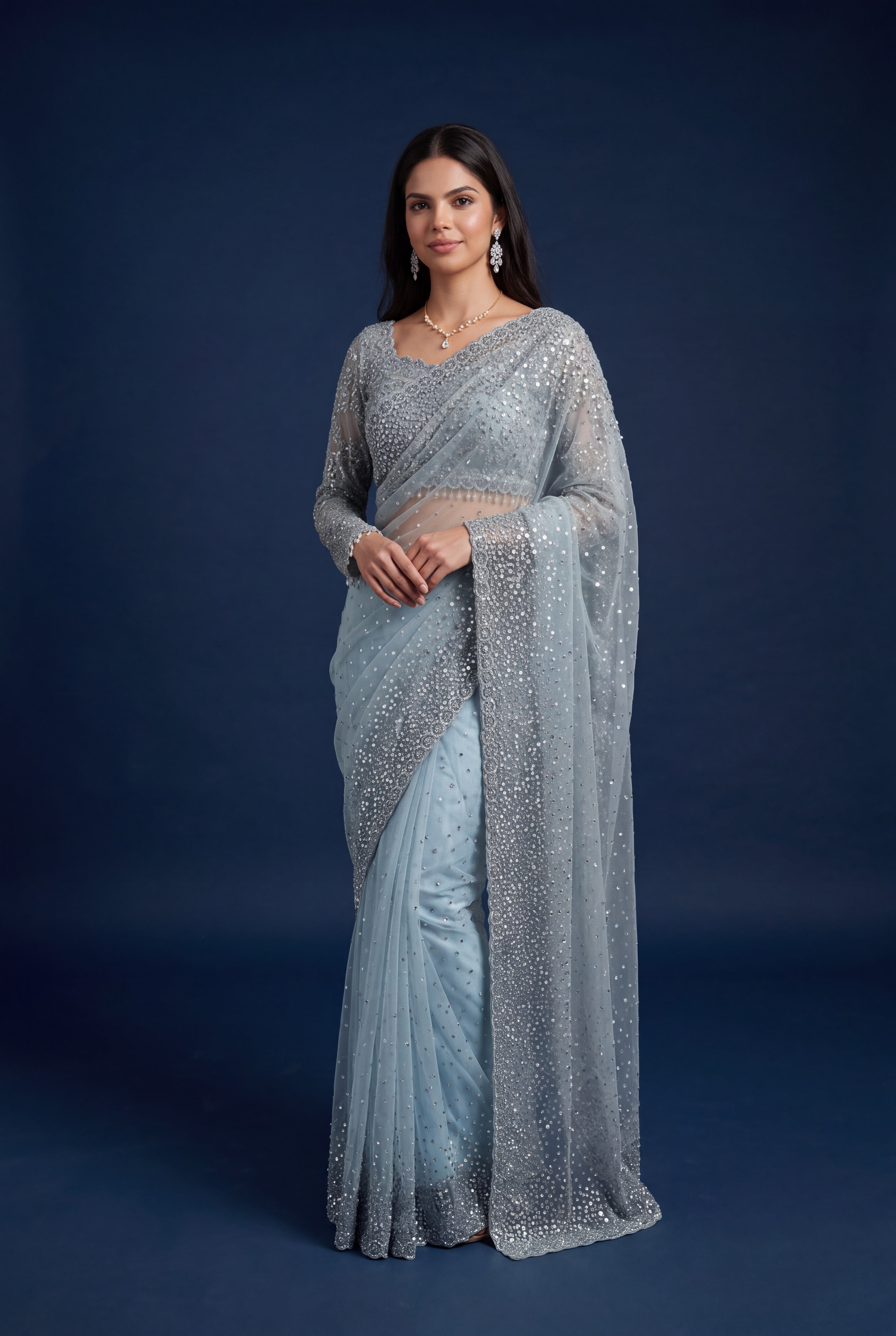 Ice Blue Net Designer Saree