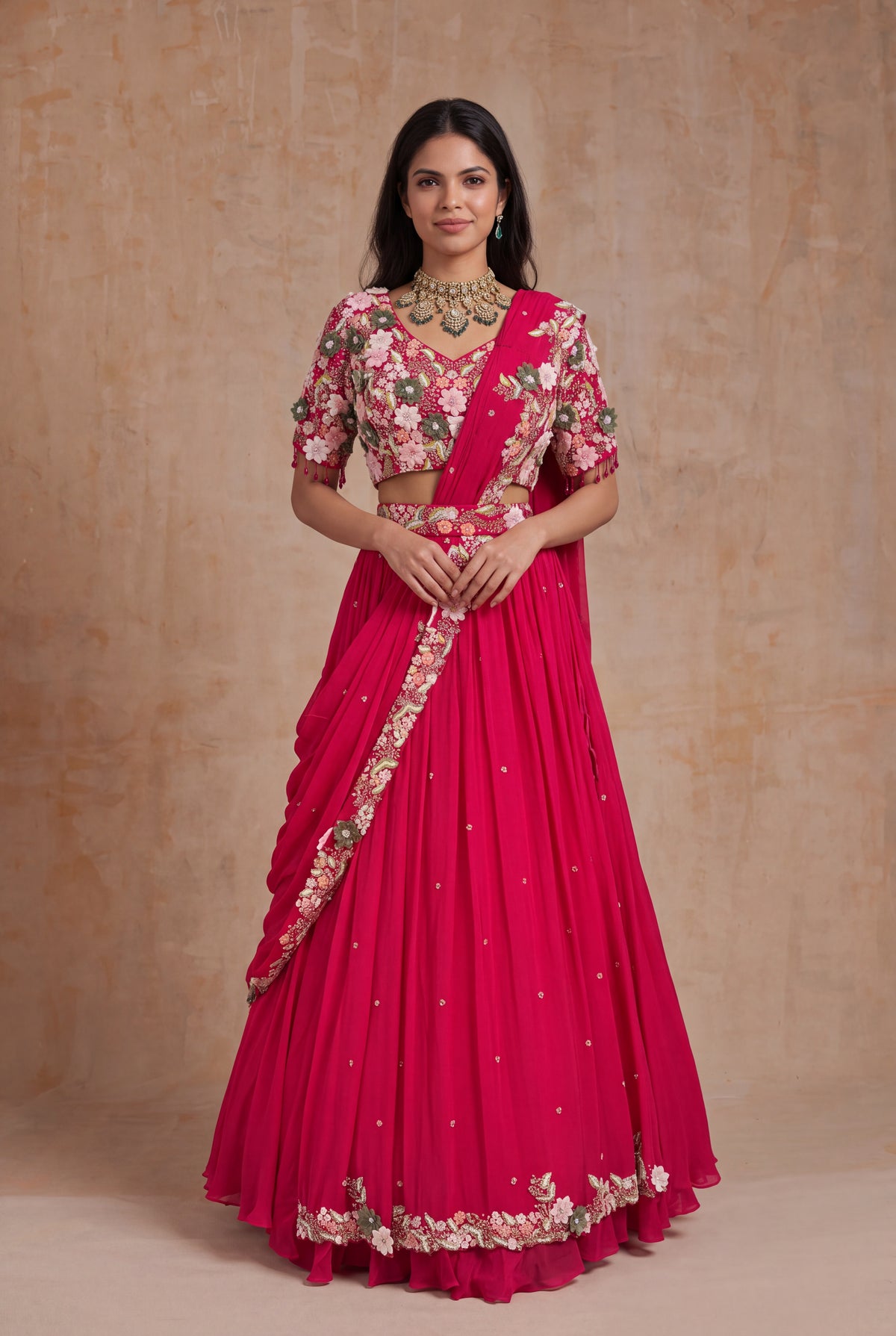 Pink Crepe Half Saree Lehenga with 3D Floral Work