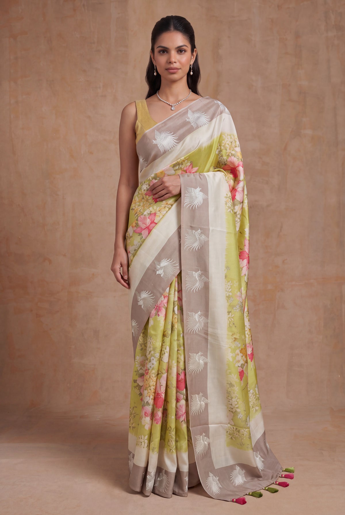 Lime Green Tussar Silk Saree