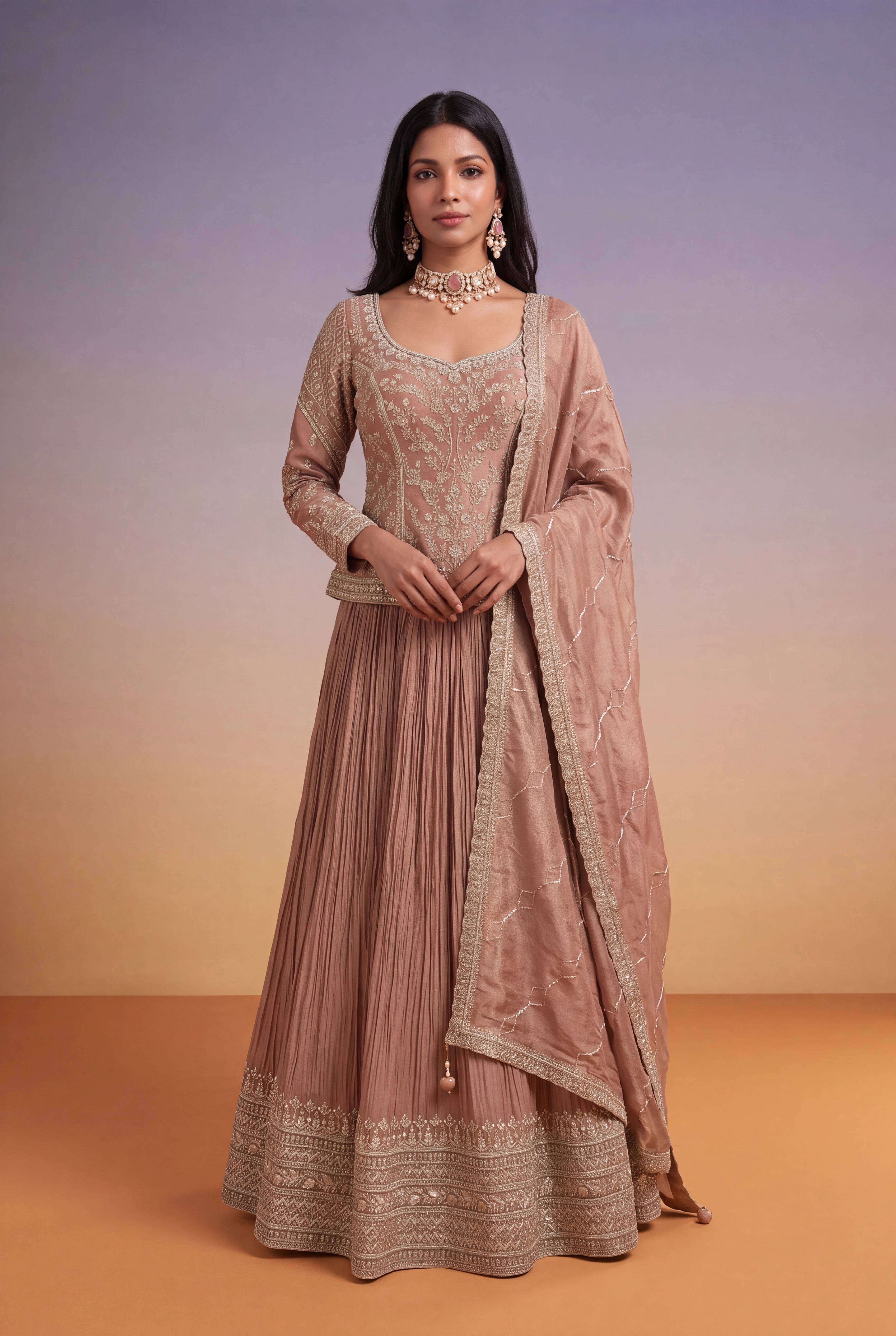 Mauve Chinon Lehenga with Zari-Embroidered Tissue Silk Top