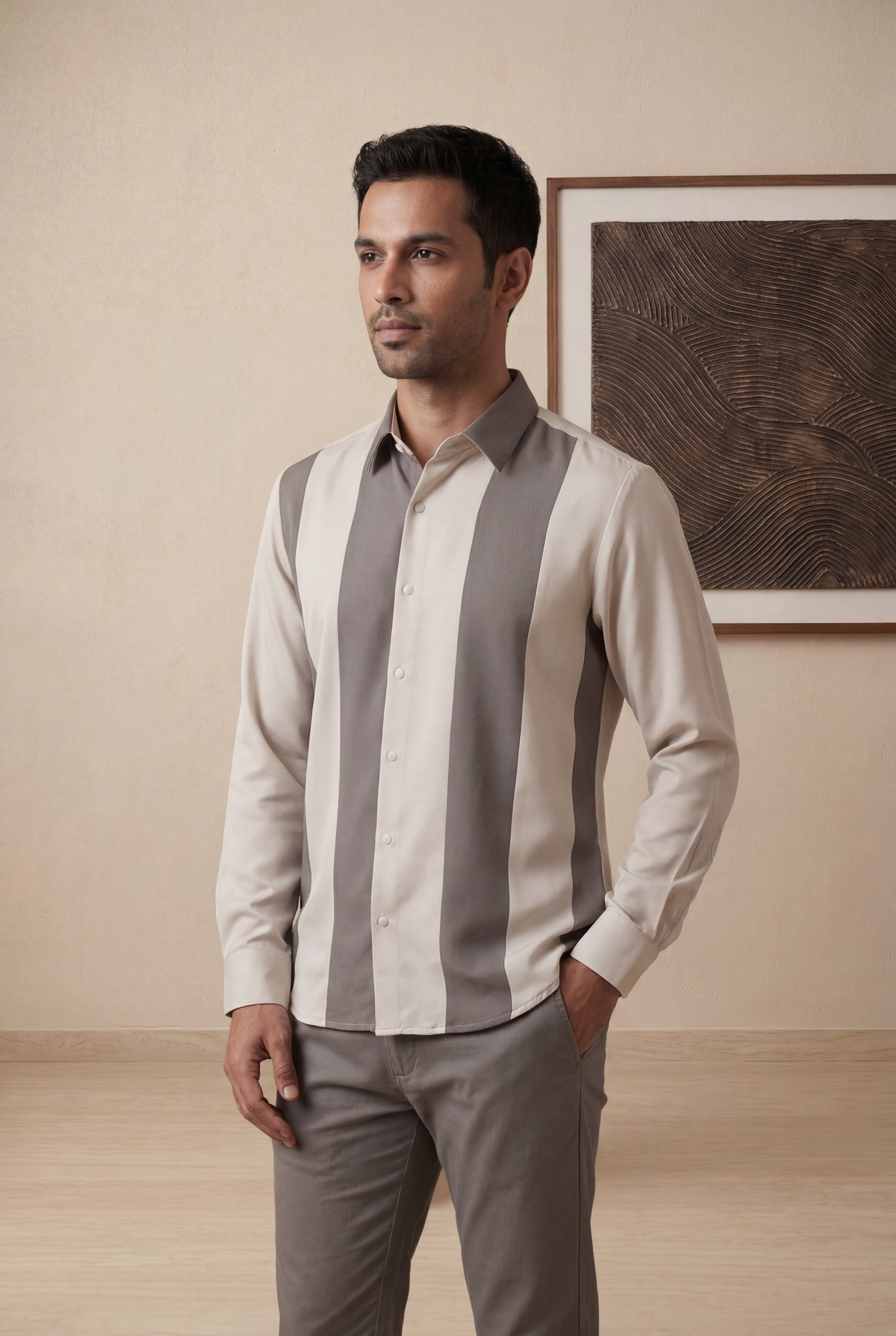 Cream Bomario Full Sleeve Colour Block Shirt