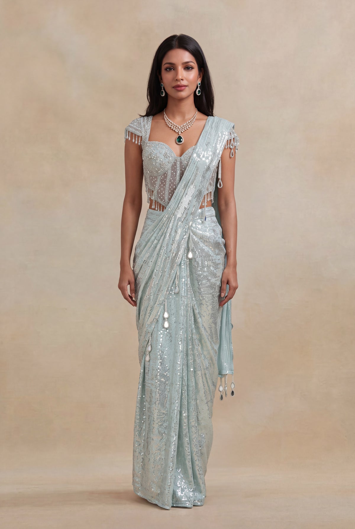 Ice Blue Net Drape Saree with Embellished Corset Blouse