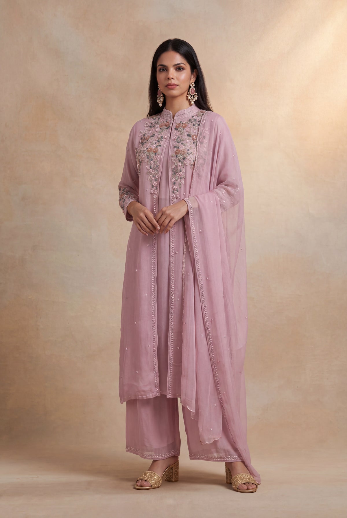 Dusty Pink Crepe Indo-Western Sharara Set
