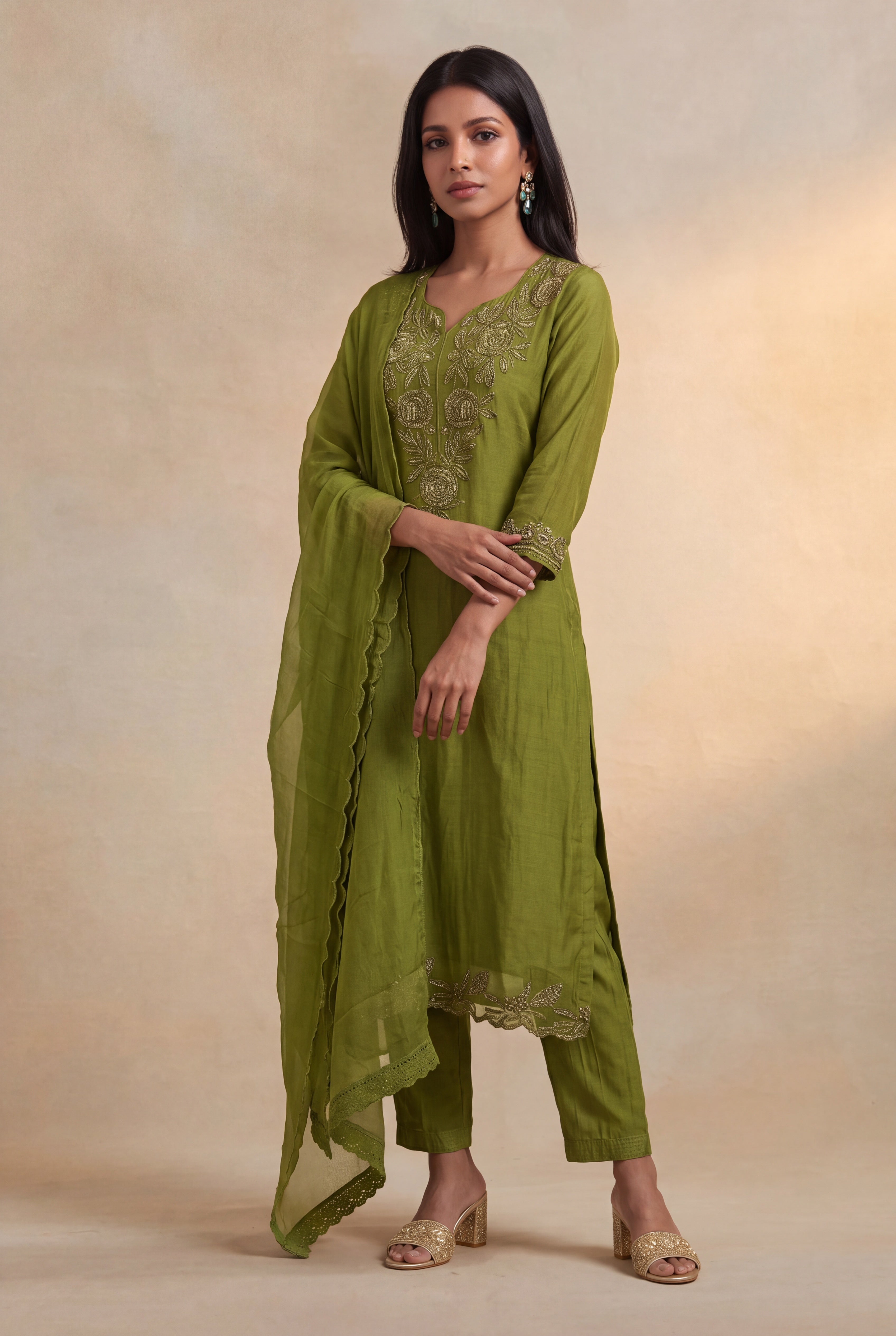 Olive Green Mul Cotton Straight-Cut Salwar Set