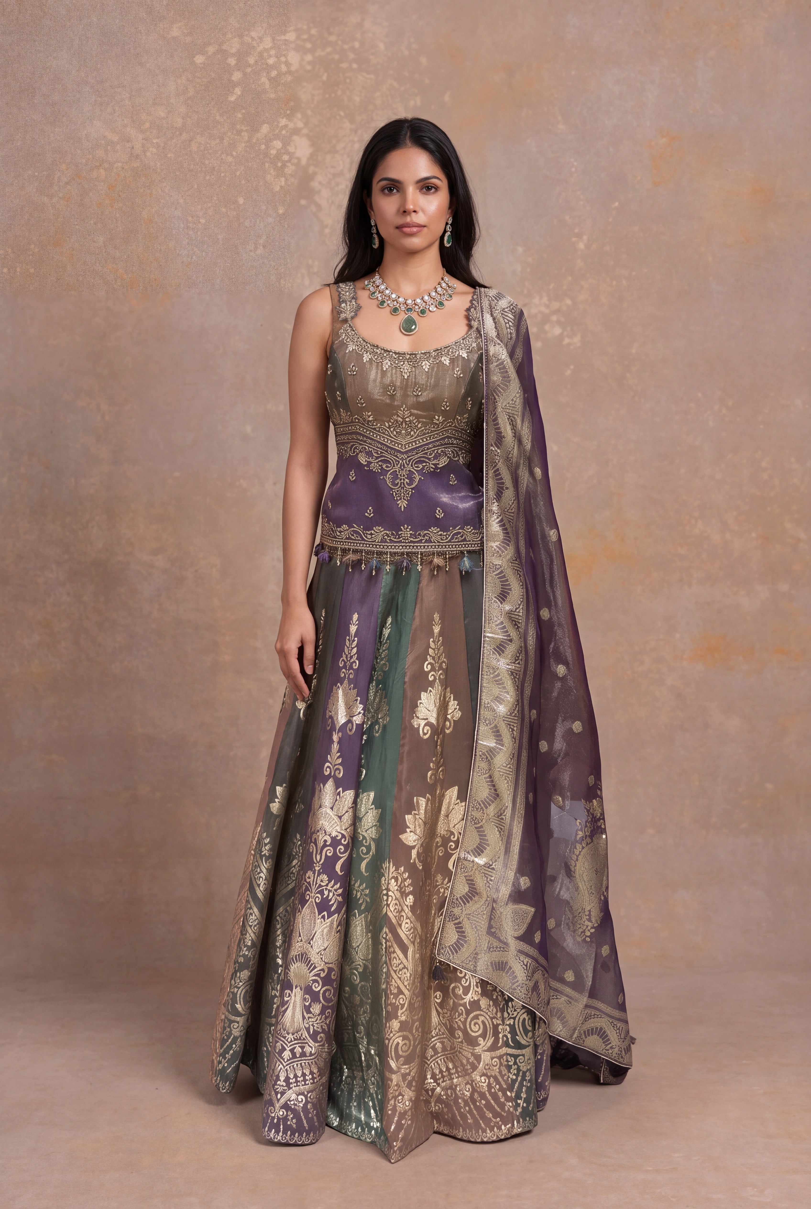 Multicolor Banarasi Tissue Lehenga with Zardosi & Pearl Work