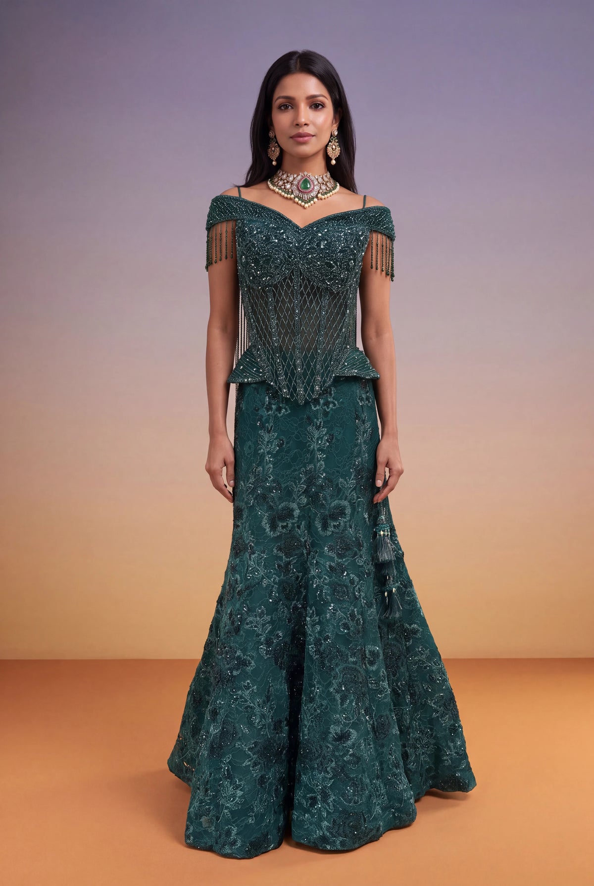 Emerald Green Indo-Western Corset Lehenga