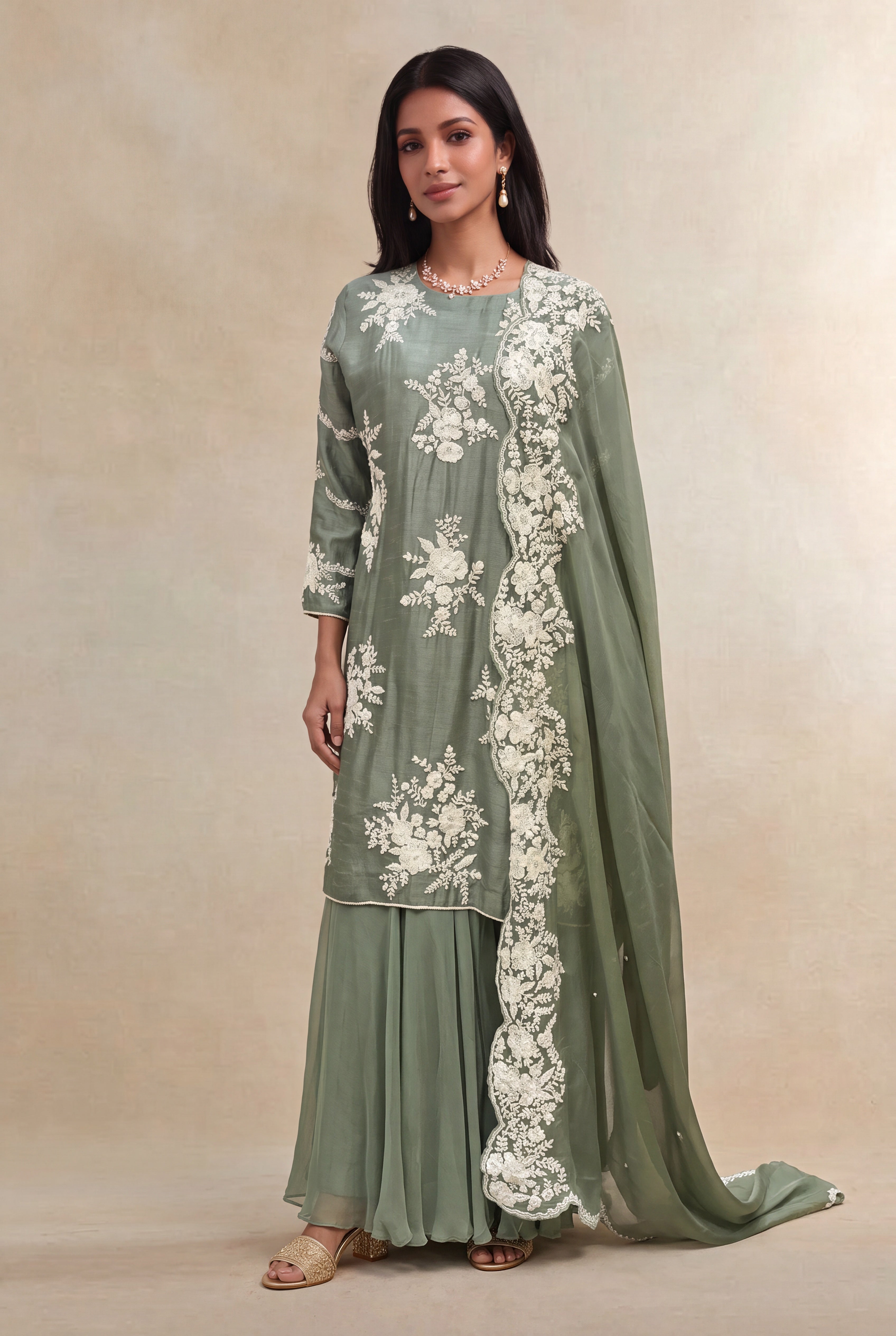 Sage Green Raw Silk Sharara Set with Pearl Embroidery