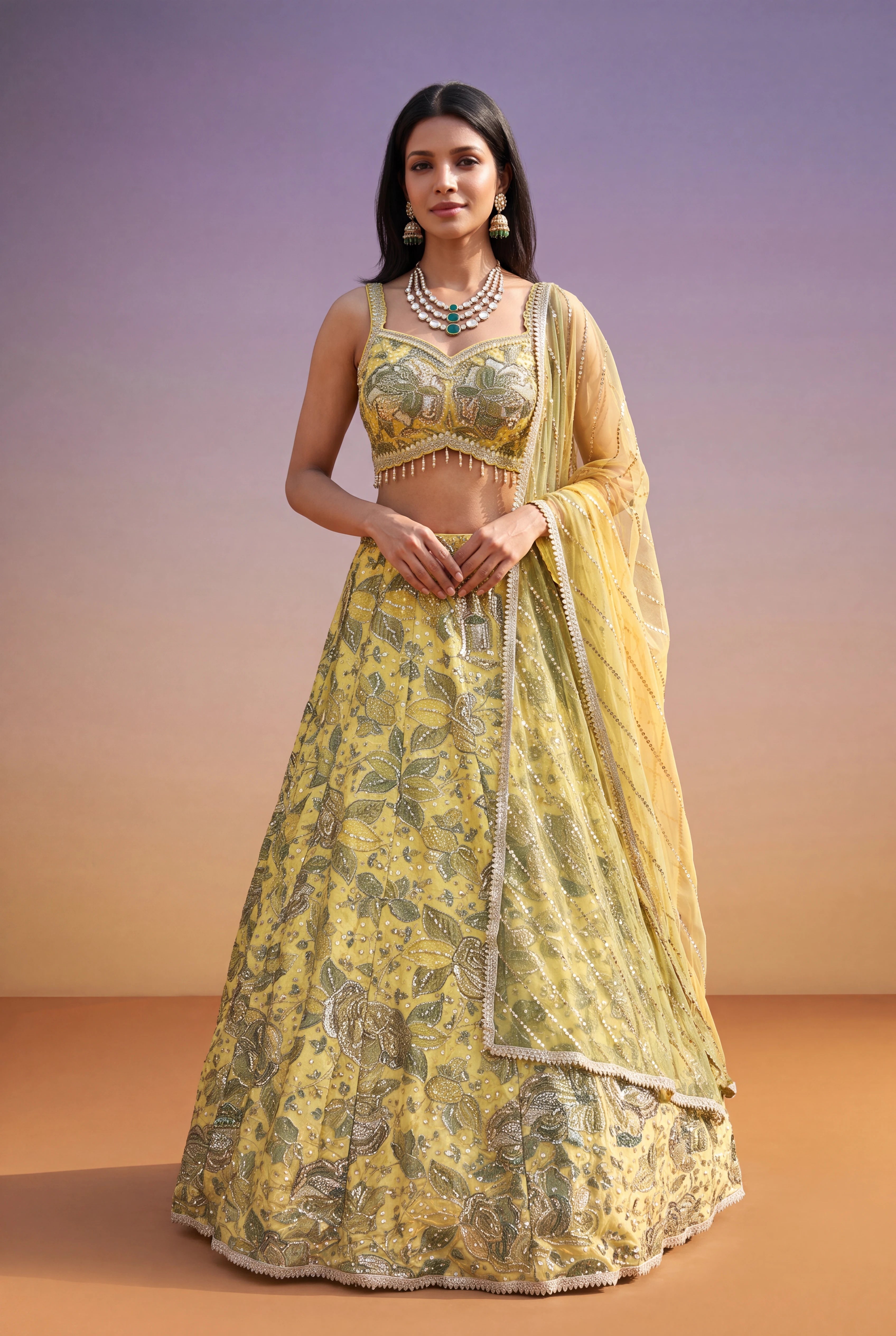 Yellow-Green Silk Lehenga with Floral Print, Zari & Sequin Work