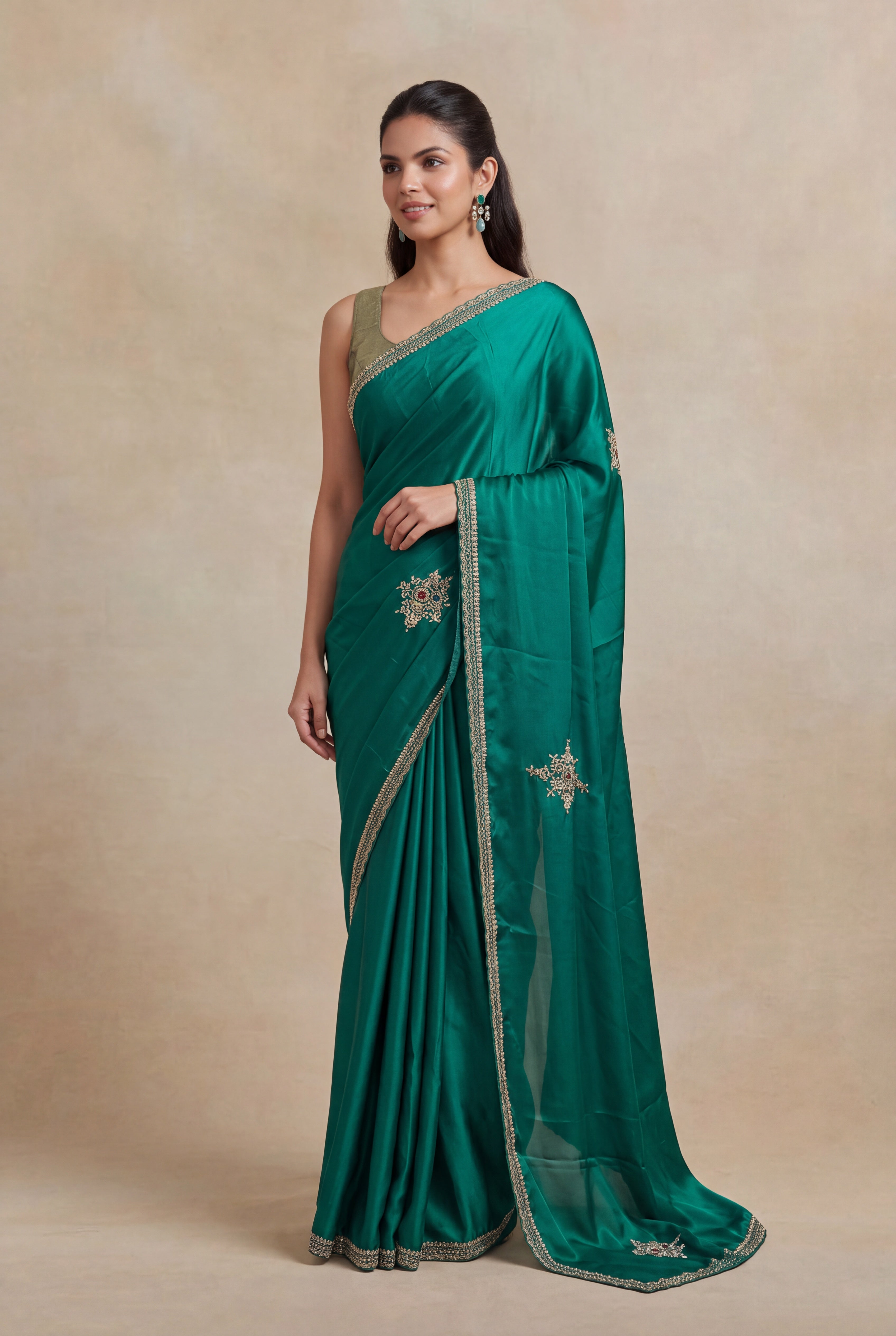 Emerald Green Satin Zardozi Butta Saree
