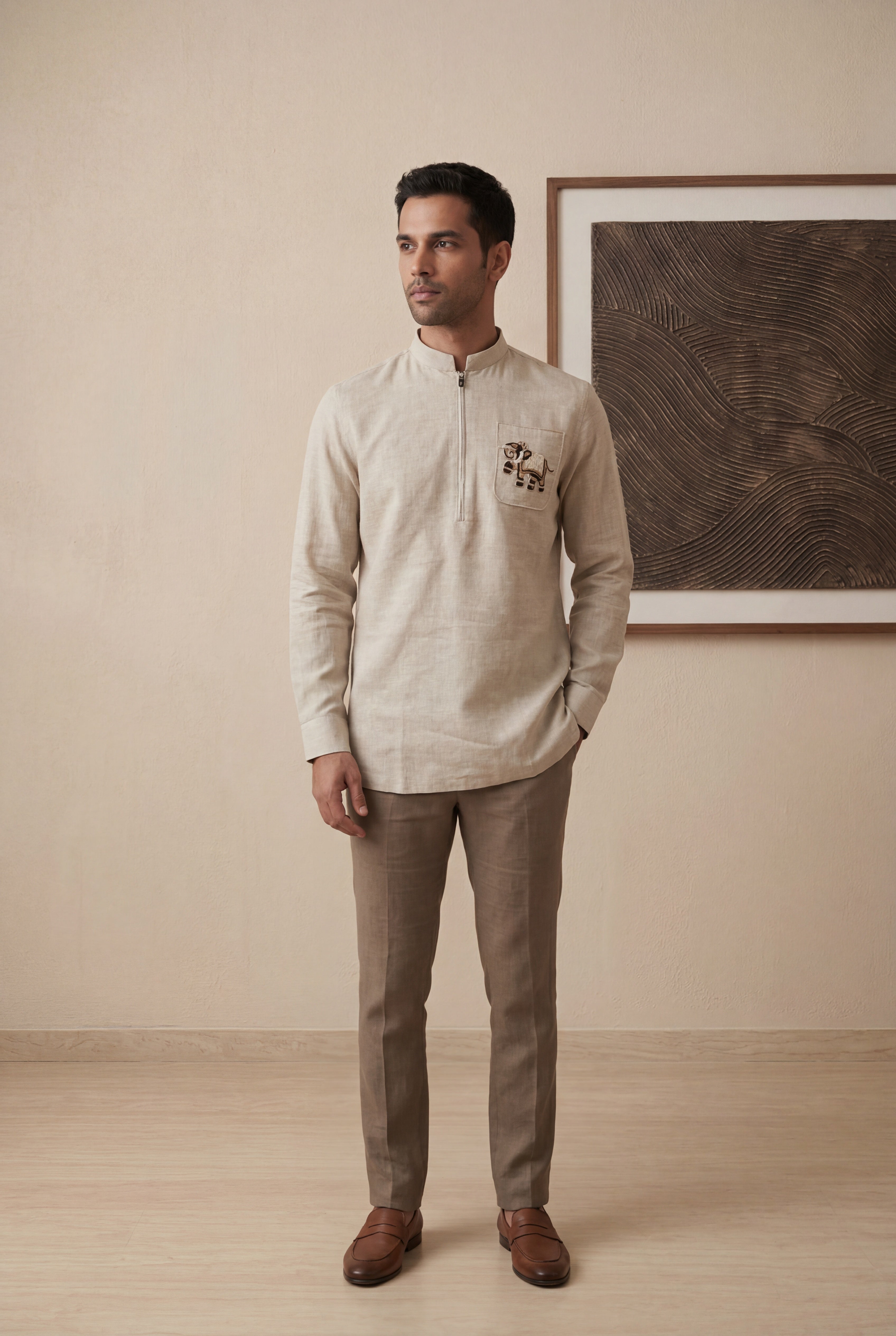 Beige Linen Chinese Collar Short Kurta