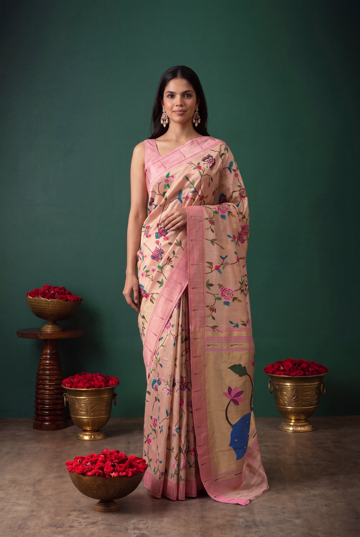 Peach Tissue Paithani Saree with Convent Embroidery and Contrast Pink Border