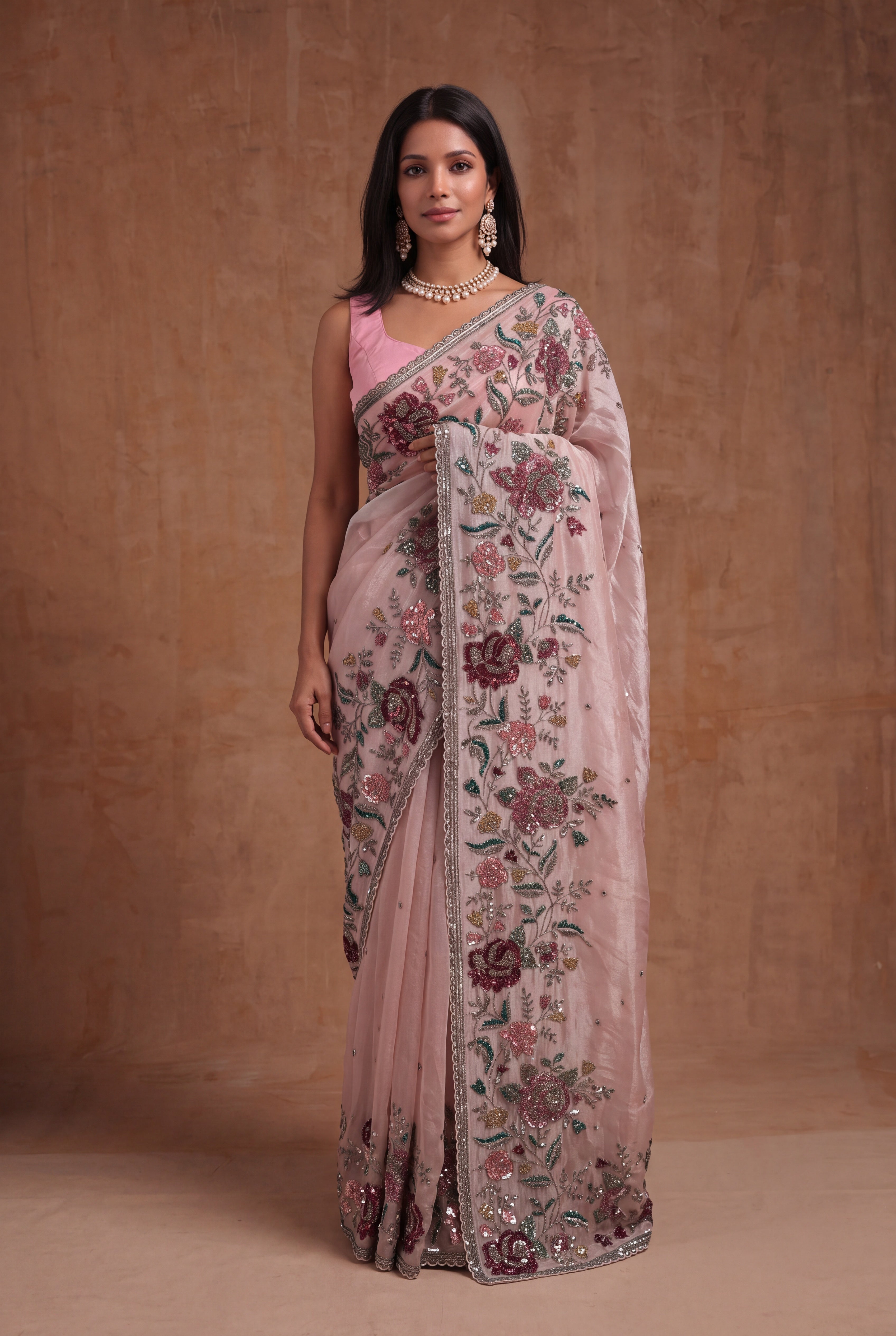 Blush Pink Tissue Organza Floral Sequin Saree