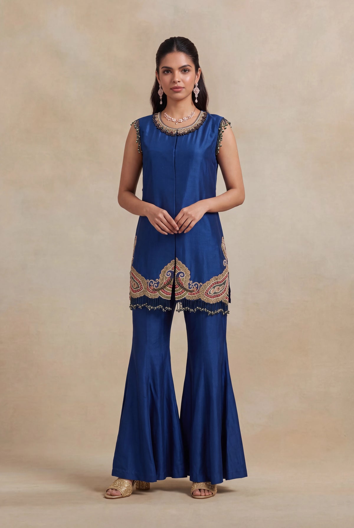 Royal Blue Raw Silk Indo-Western Set with Zardosi Work