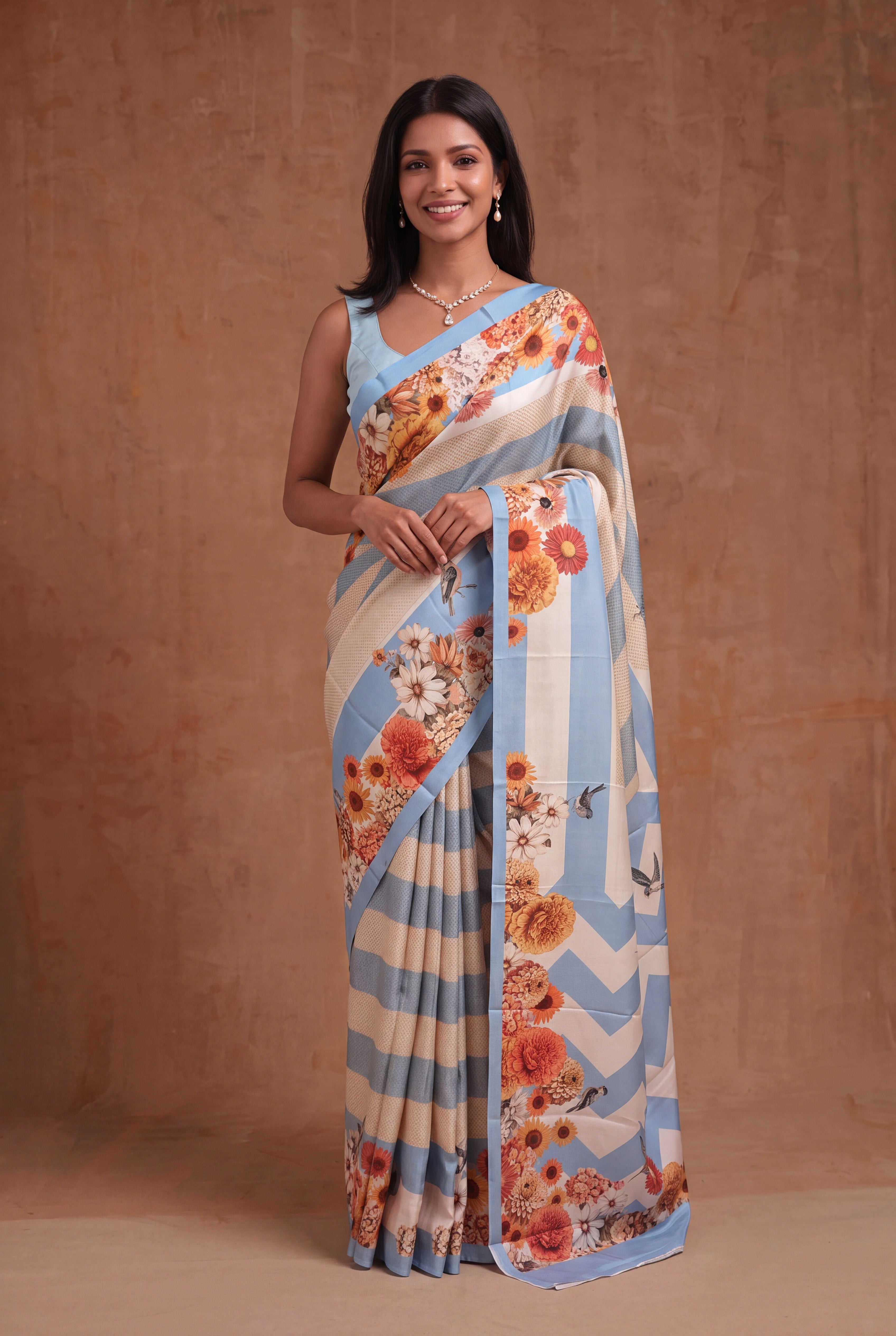 Ice Blue Digital Print Kanchivaram Silk Saree