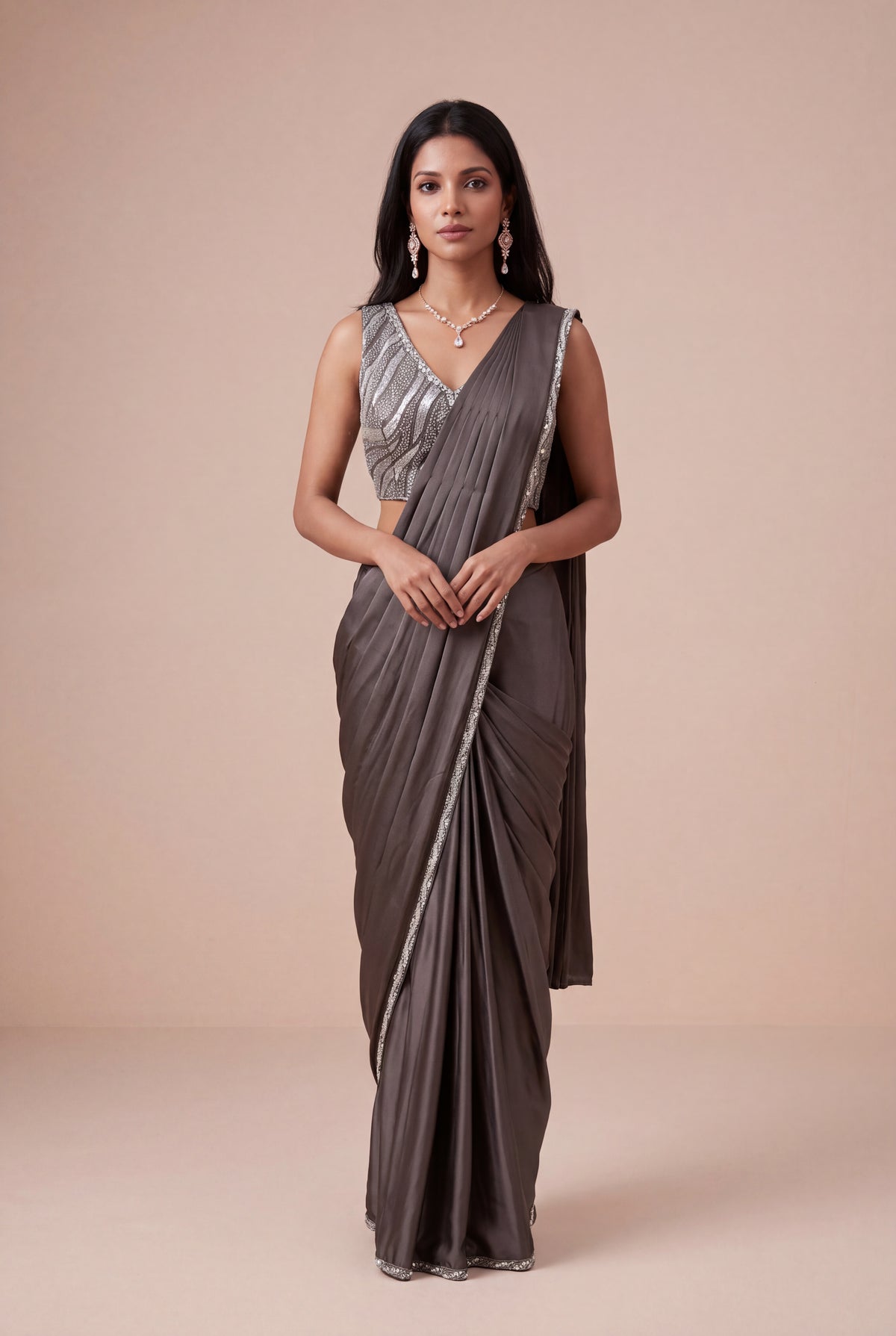 Charcoal Grey Satin Silk Pre-Draped Saree