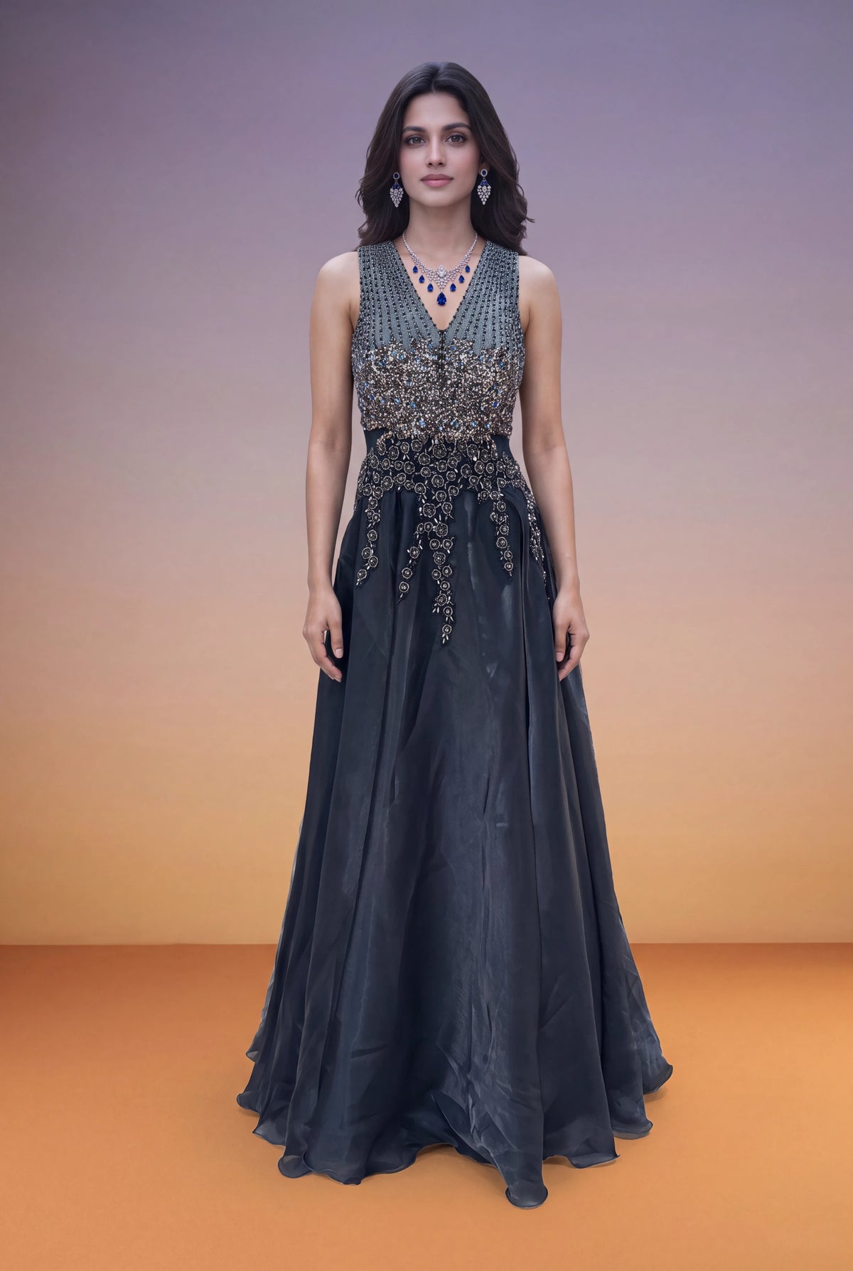 Slate Blue Organza Gown with Sequin & Cutdana Work