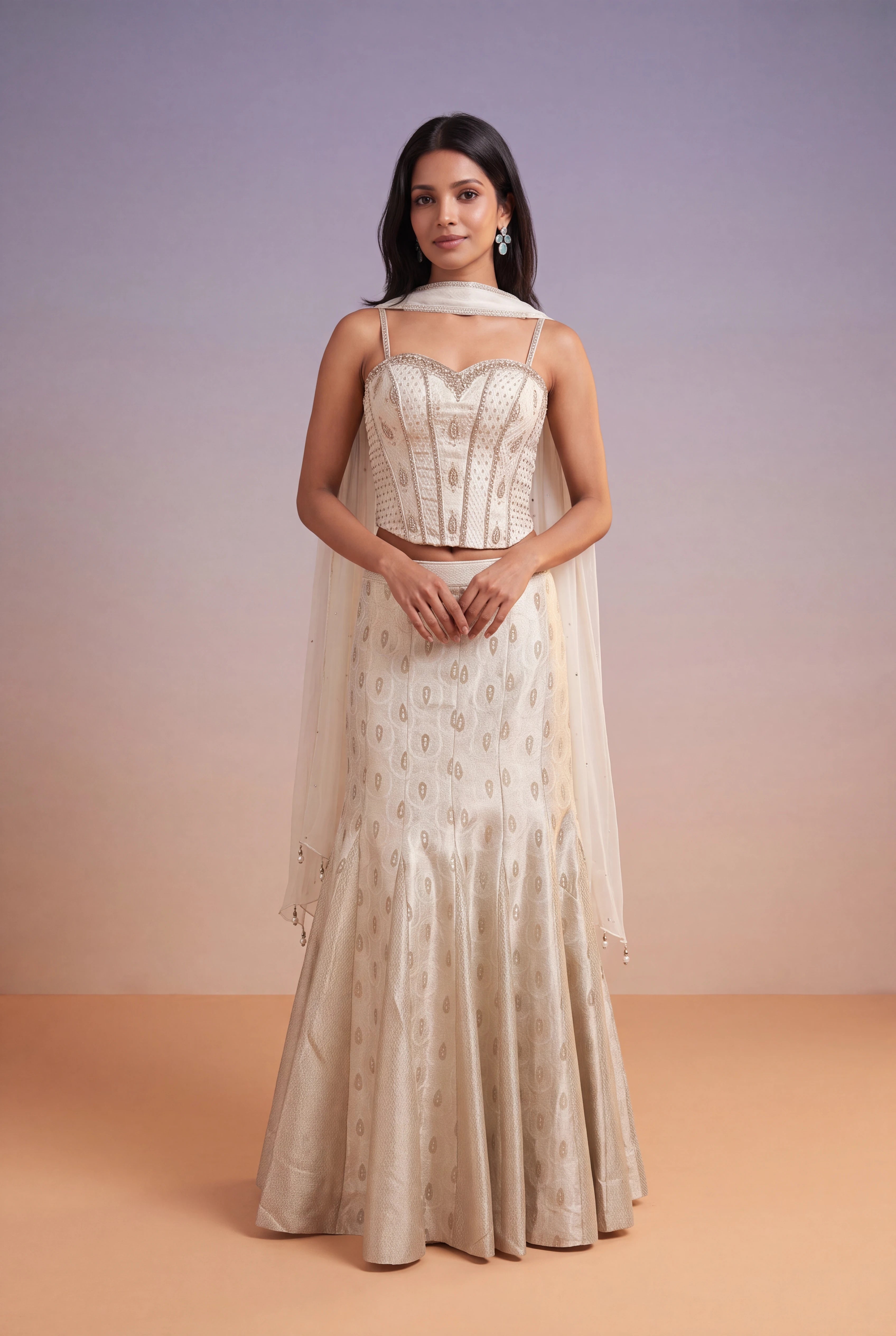 Ivory Tissue Lehenga with Fish-Cut Corset Blouse